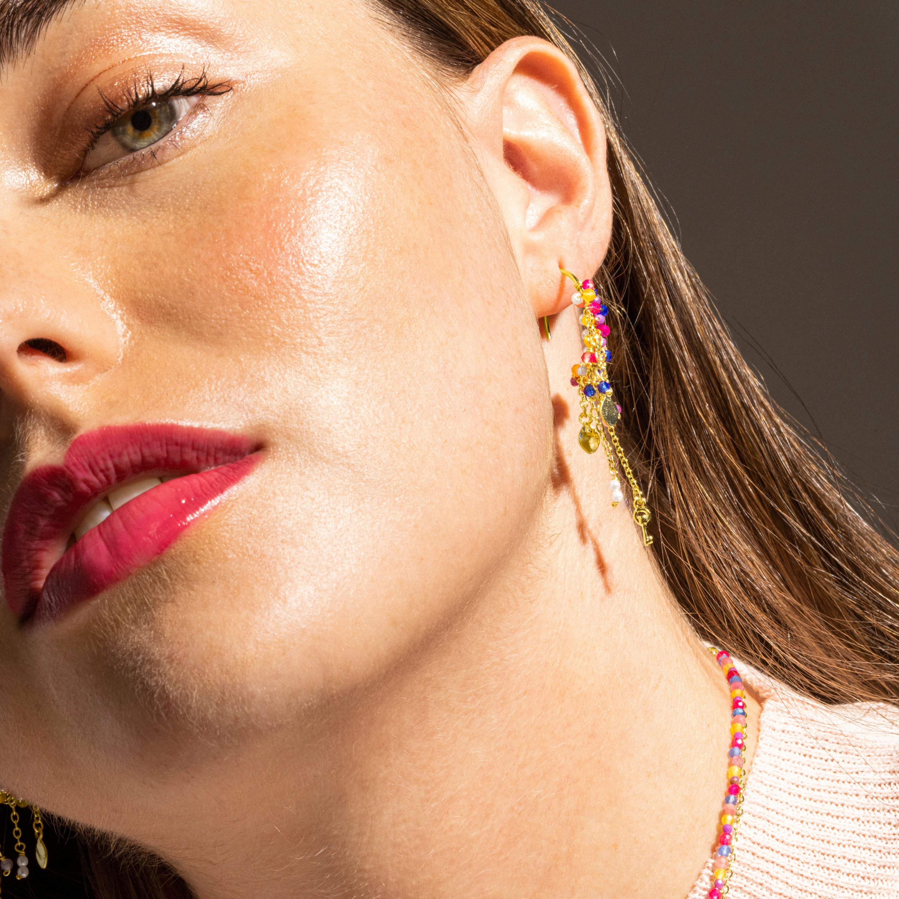925 Sterling Silver and Multicolor Crystal Earrings with 18k Gold Finish - Busde