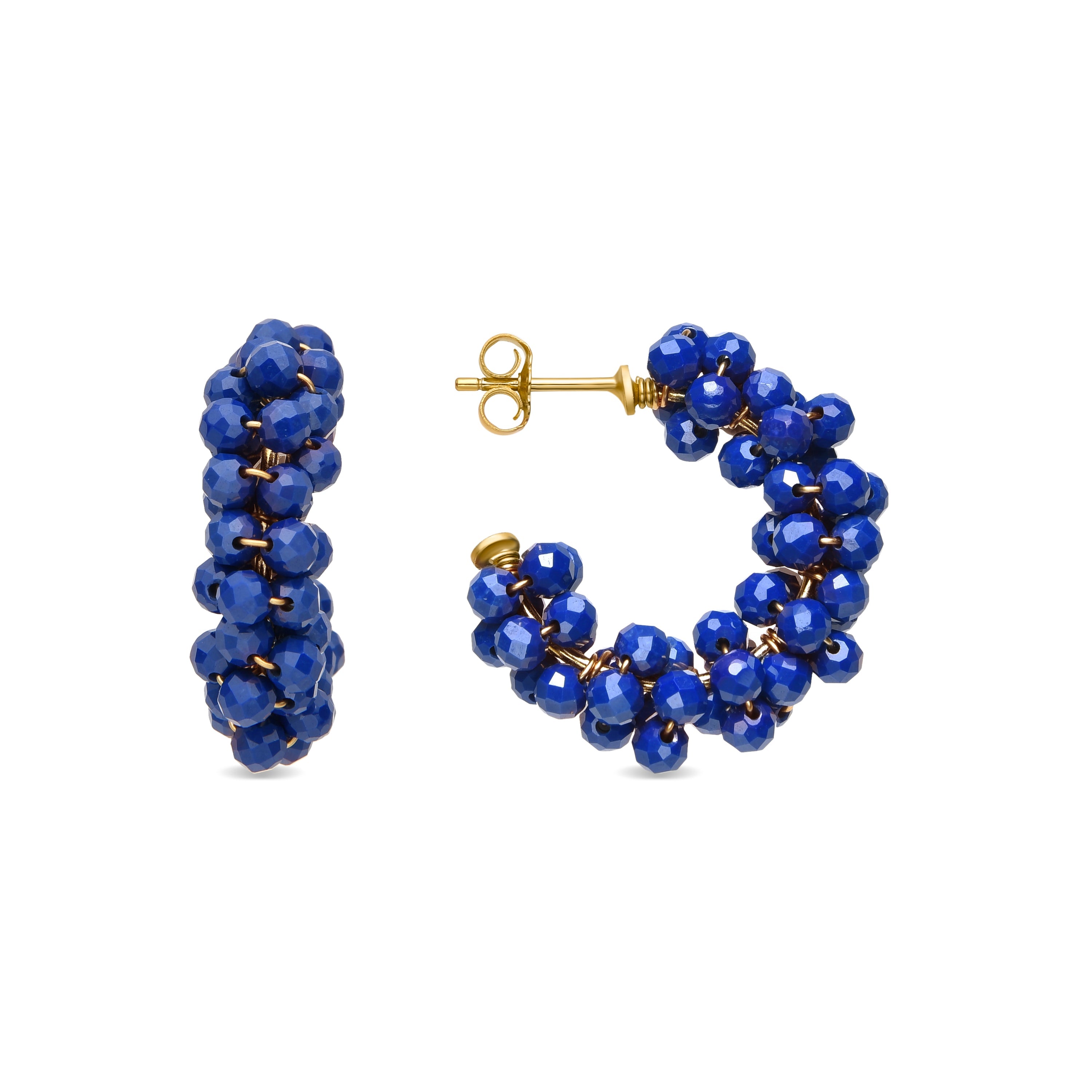 Brincos de Prata de Lei 925 e Cristal Azul Escuro com acabamento em ouro amarelo de 18k - Silka