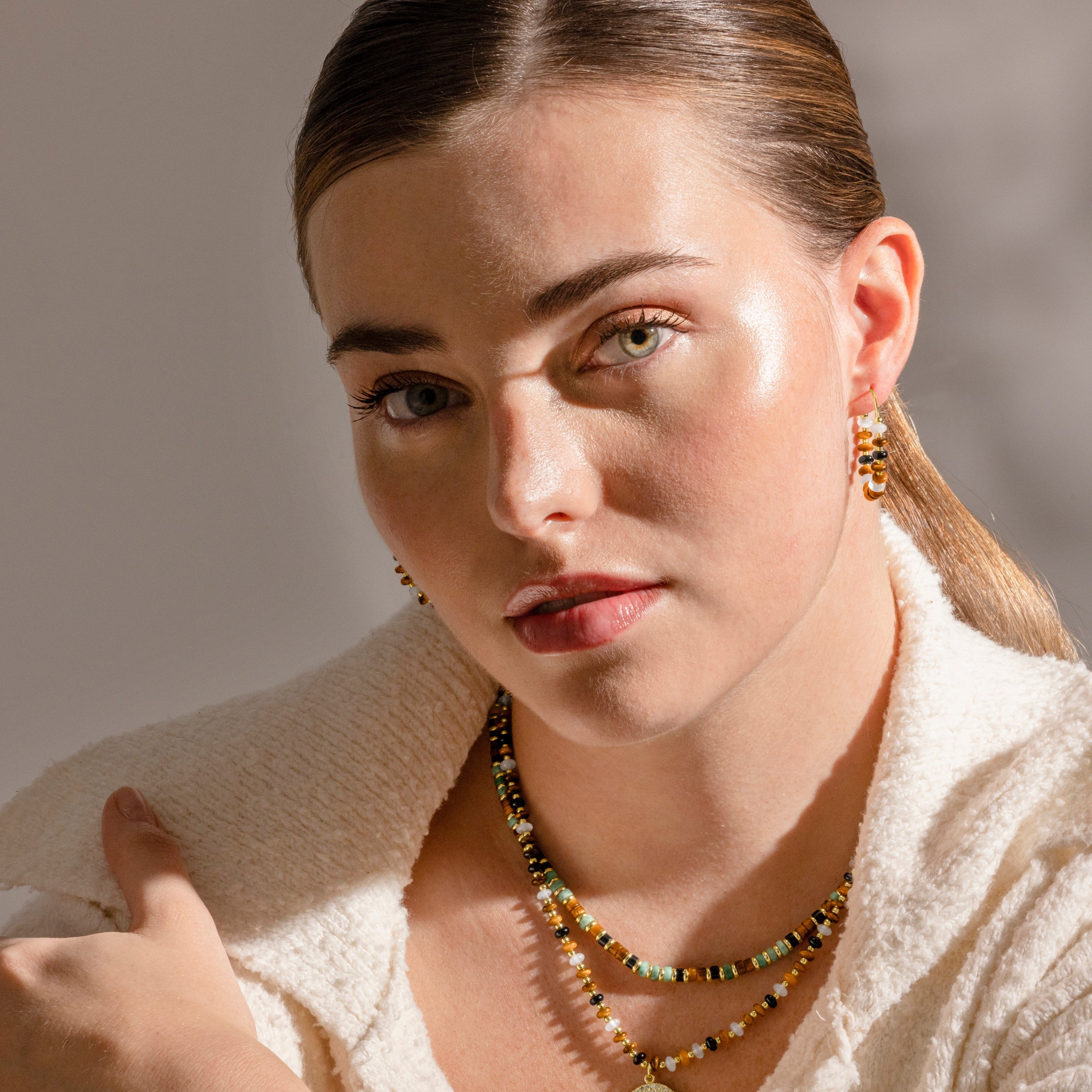 925 Sterling Silver and Tiger&amp;#39;s Eye Earrings with 18k Gold Finish - Yalah