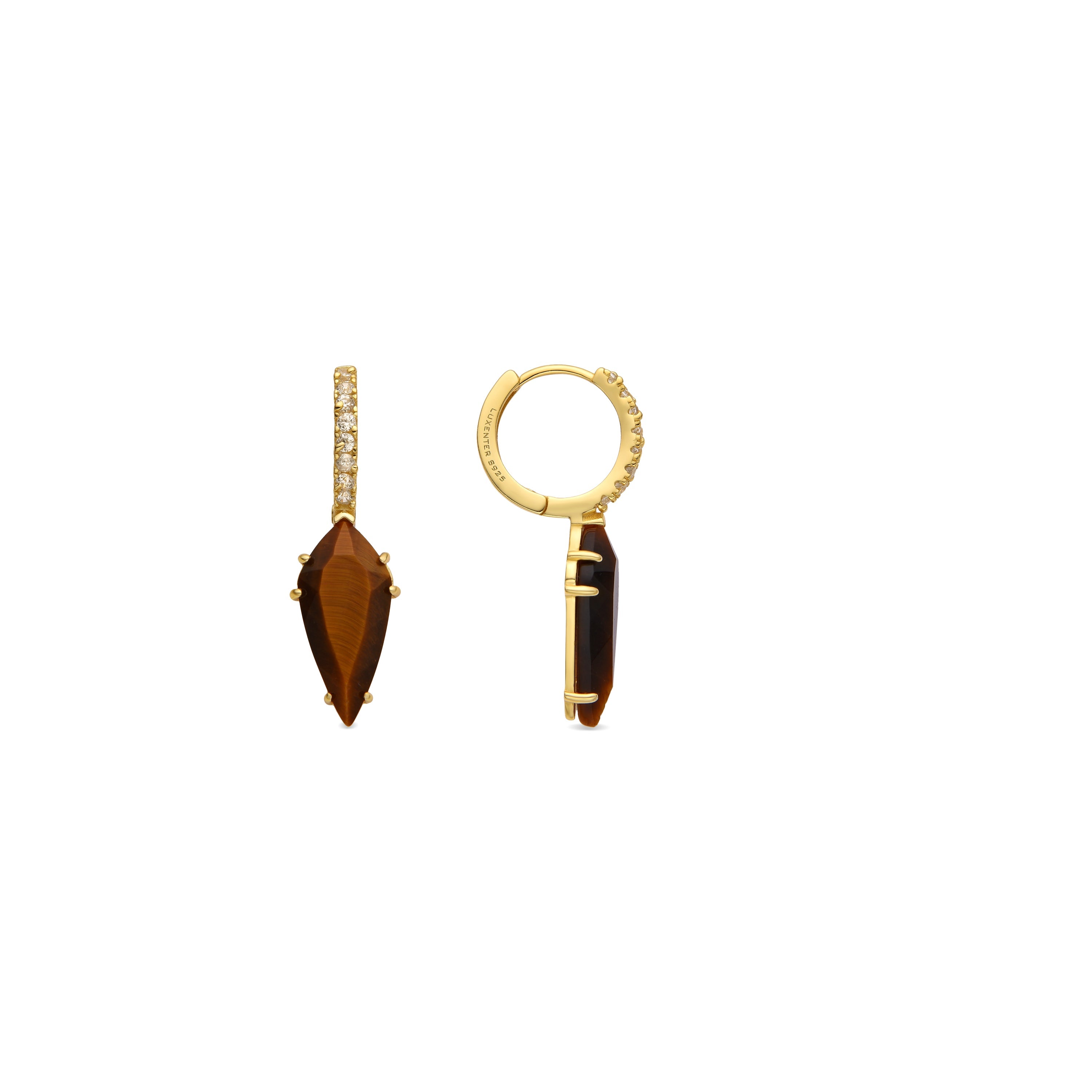 925 Sterling Silver and Tiger's Eye Earrings with 18k Gold Finish - Ordi