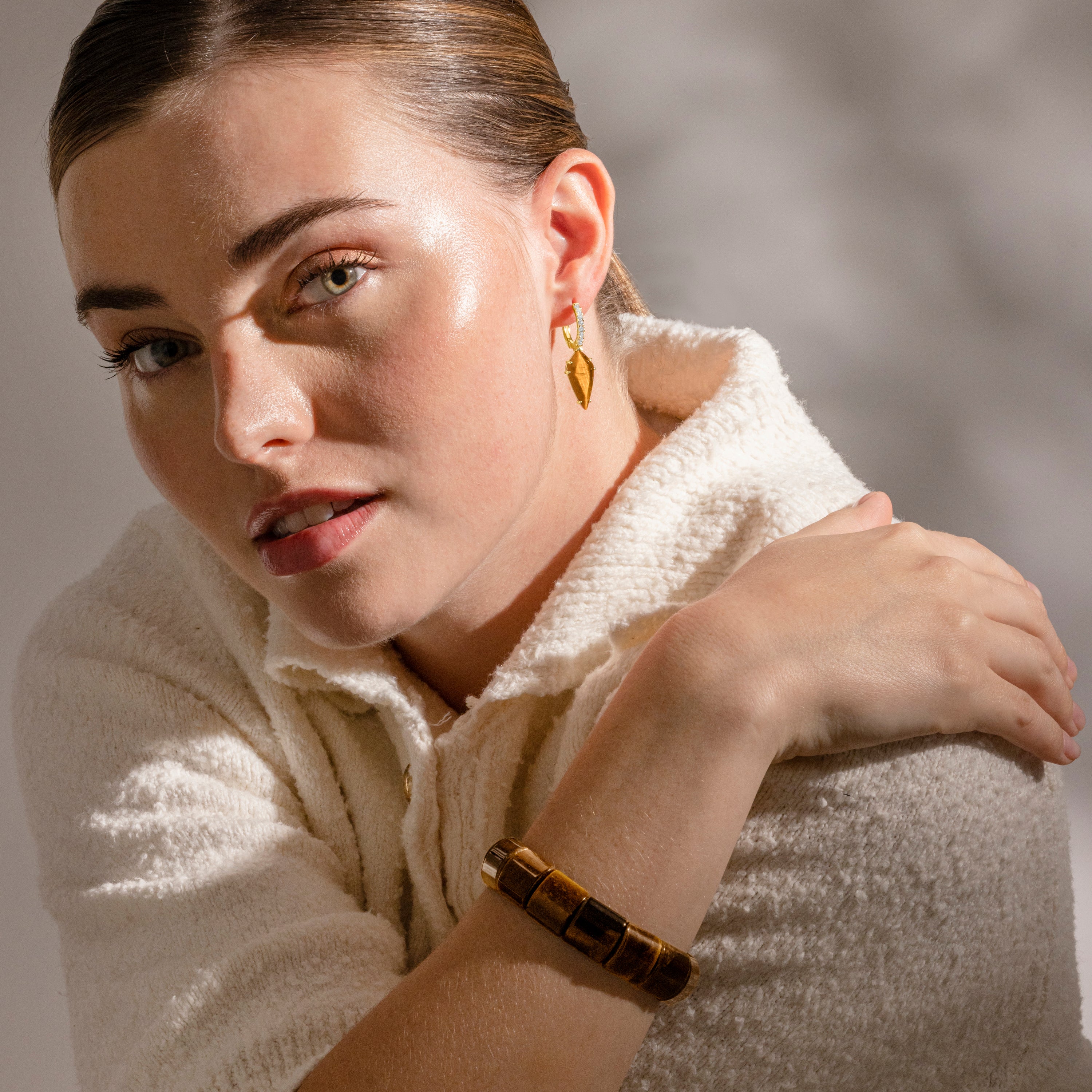 925 Sterling Silver and Tiger's Eye Earrings with 18k Gold Finish - Ordi
