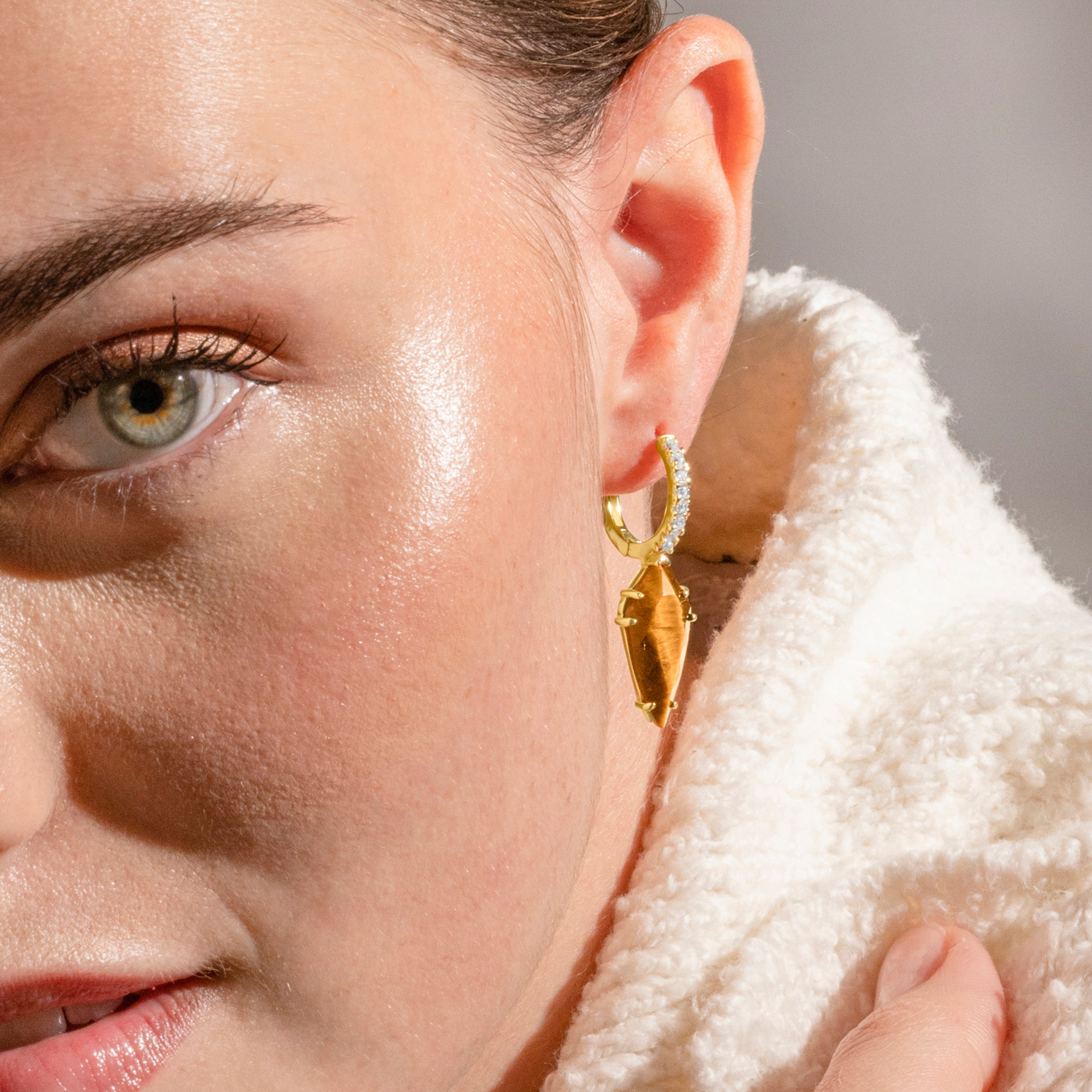 925 Sterling Silver and Tiger's Eye Earrings with 18k Gold Finish - Ordi