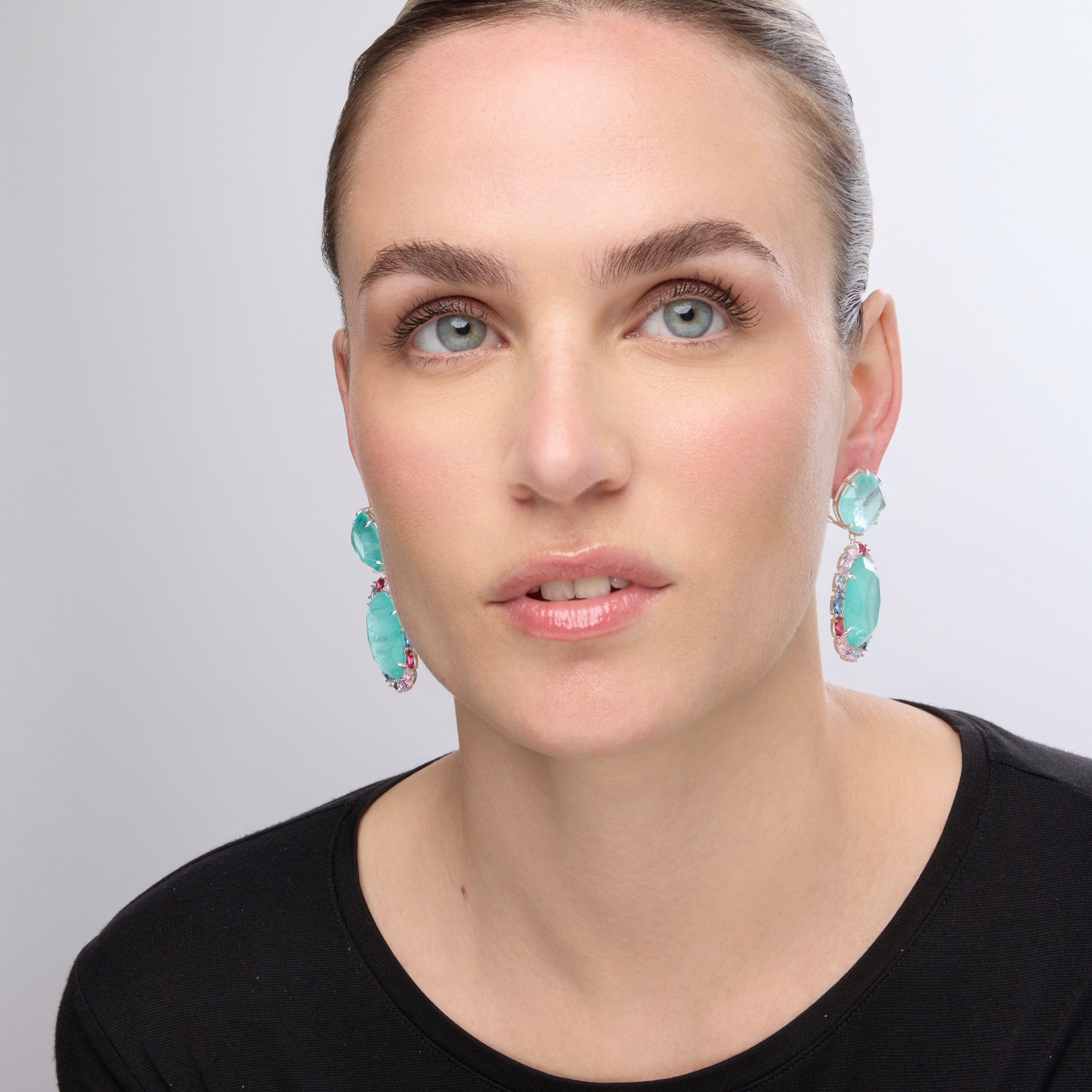 925 Sterling Silver and Aquamarine Hydrothermal Quartz Earrings with Rhodium Finish - Wada