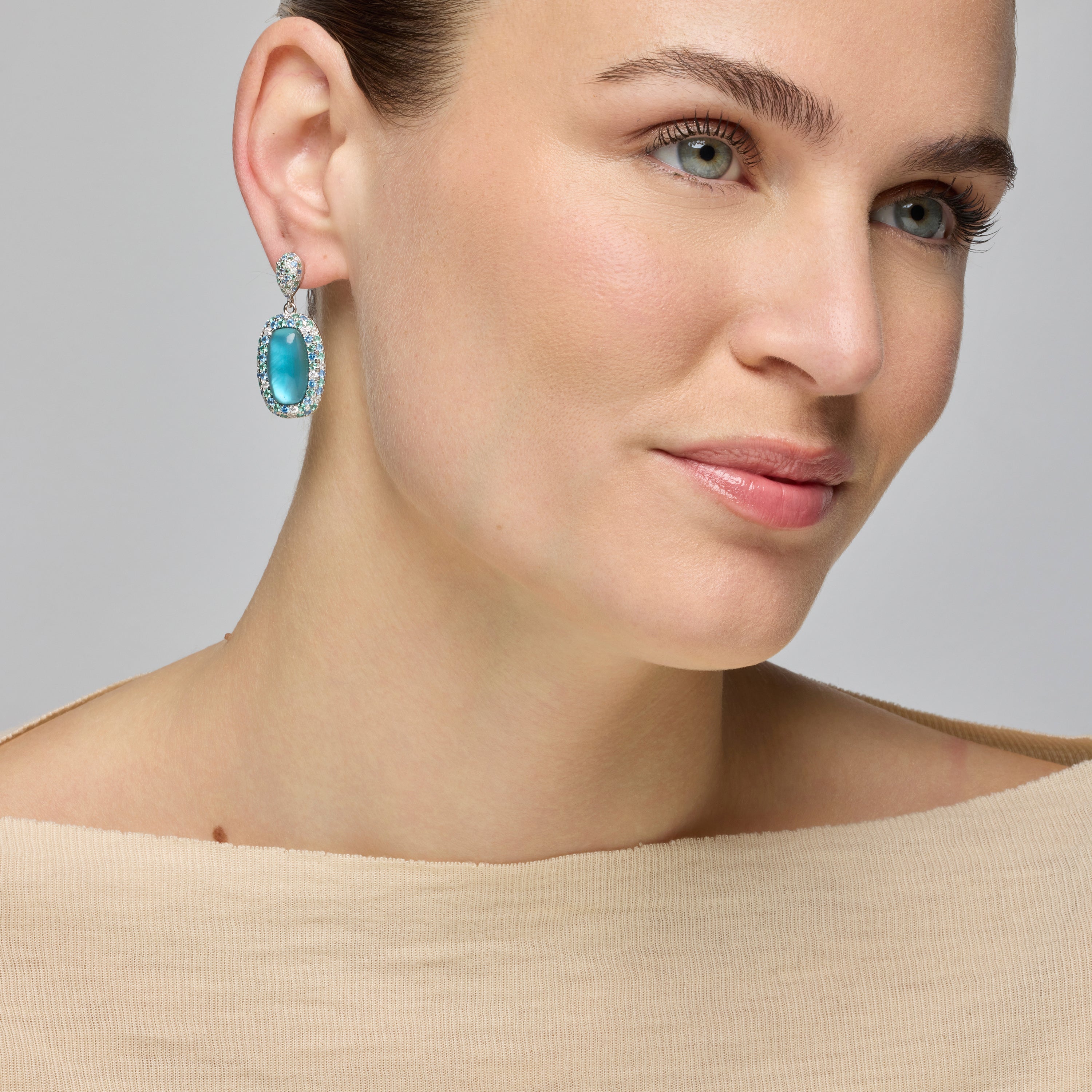 925 Sterling Silver and Hematite / Blue Crystal Doublet Earrings with Rhodium Finish - Baddal