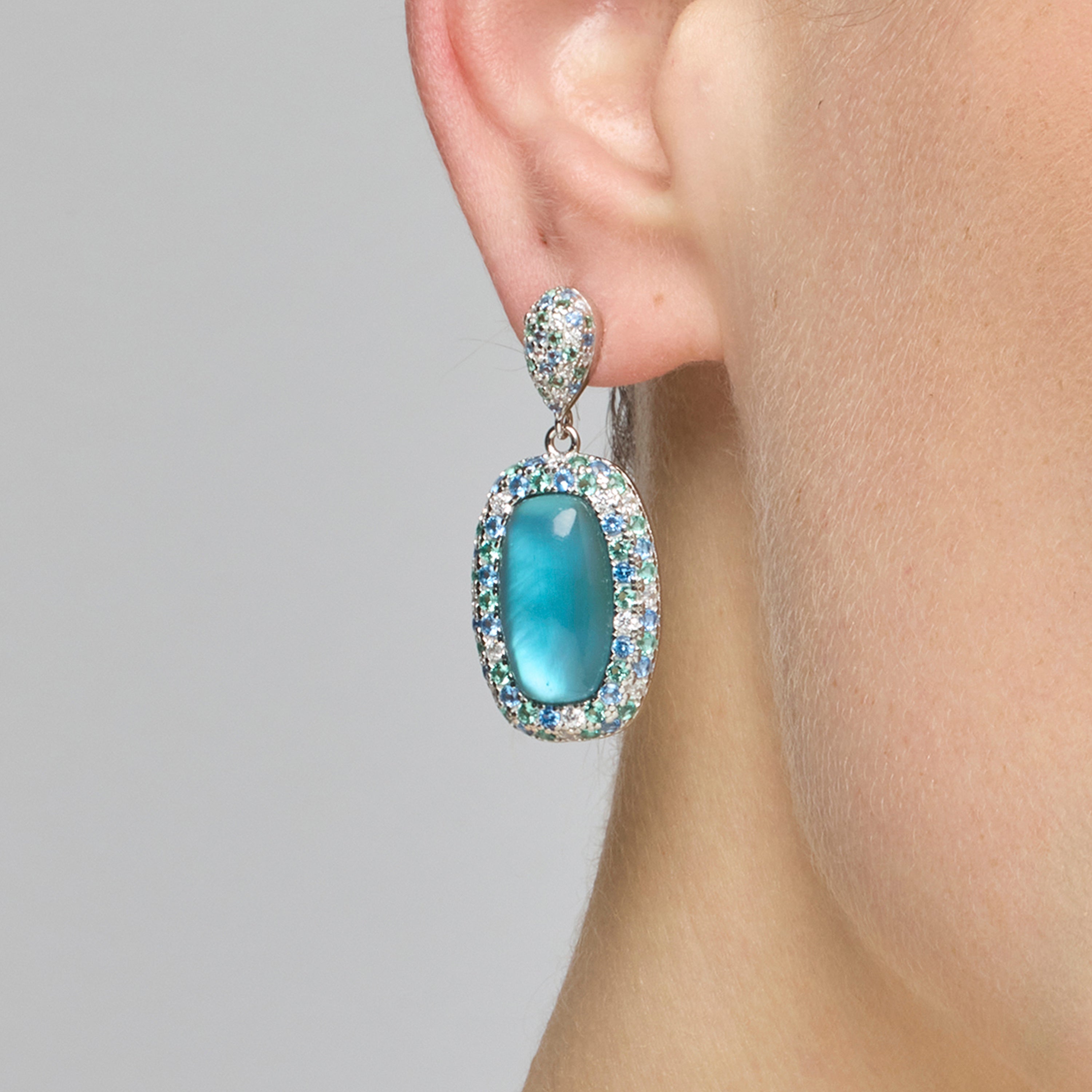 925 Sterling Silver and Hematite / Blue Crystal Doublet Earrings with Rhodium Finish - Baddal