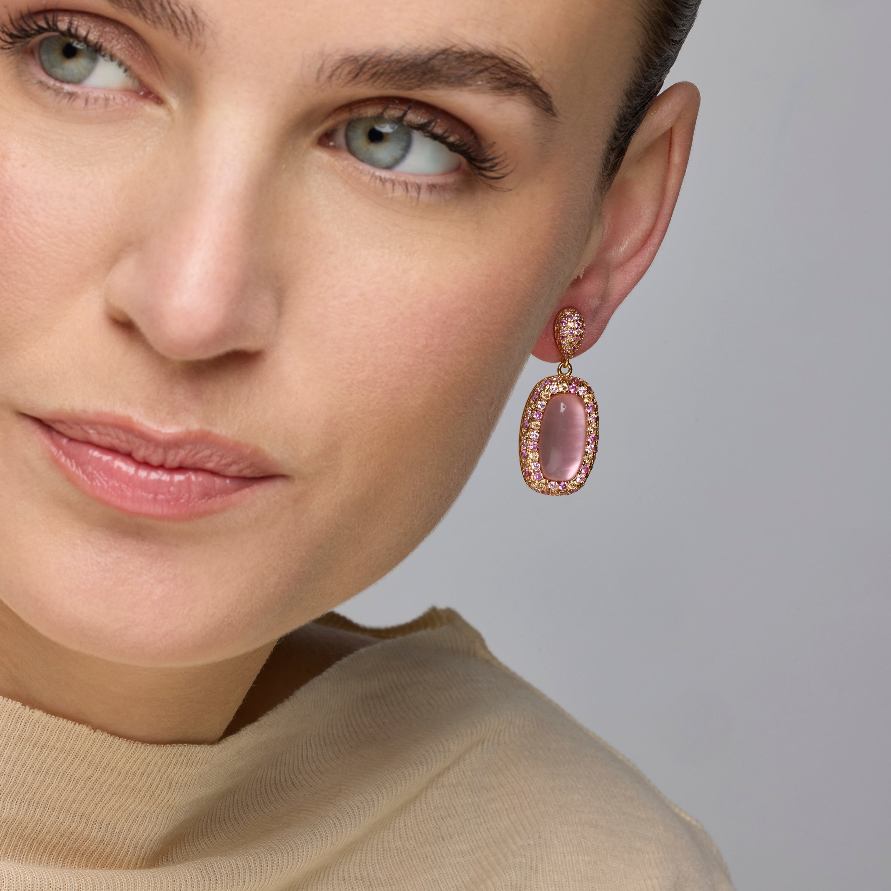 925 Sterling Silver and Pink Mother of Pearl / Crystal Doublet Earrings, 18k Yellow Gold Finish - Baddal