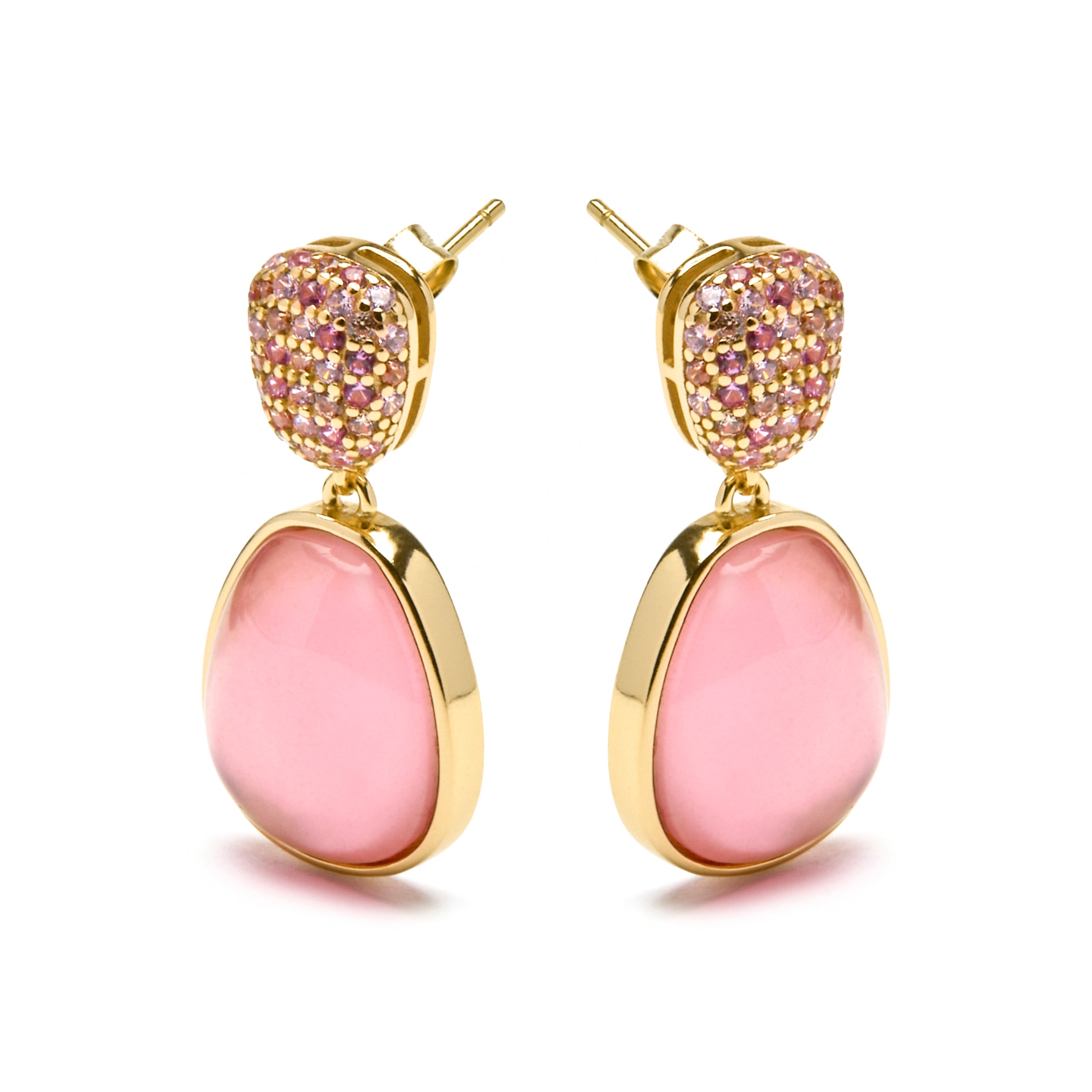 925 Sterling Silver and Pink Mother of Pearl / Crystal Doublet Earrings, 18k Yellow Gold Finish - Kiziane
