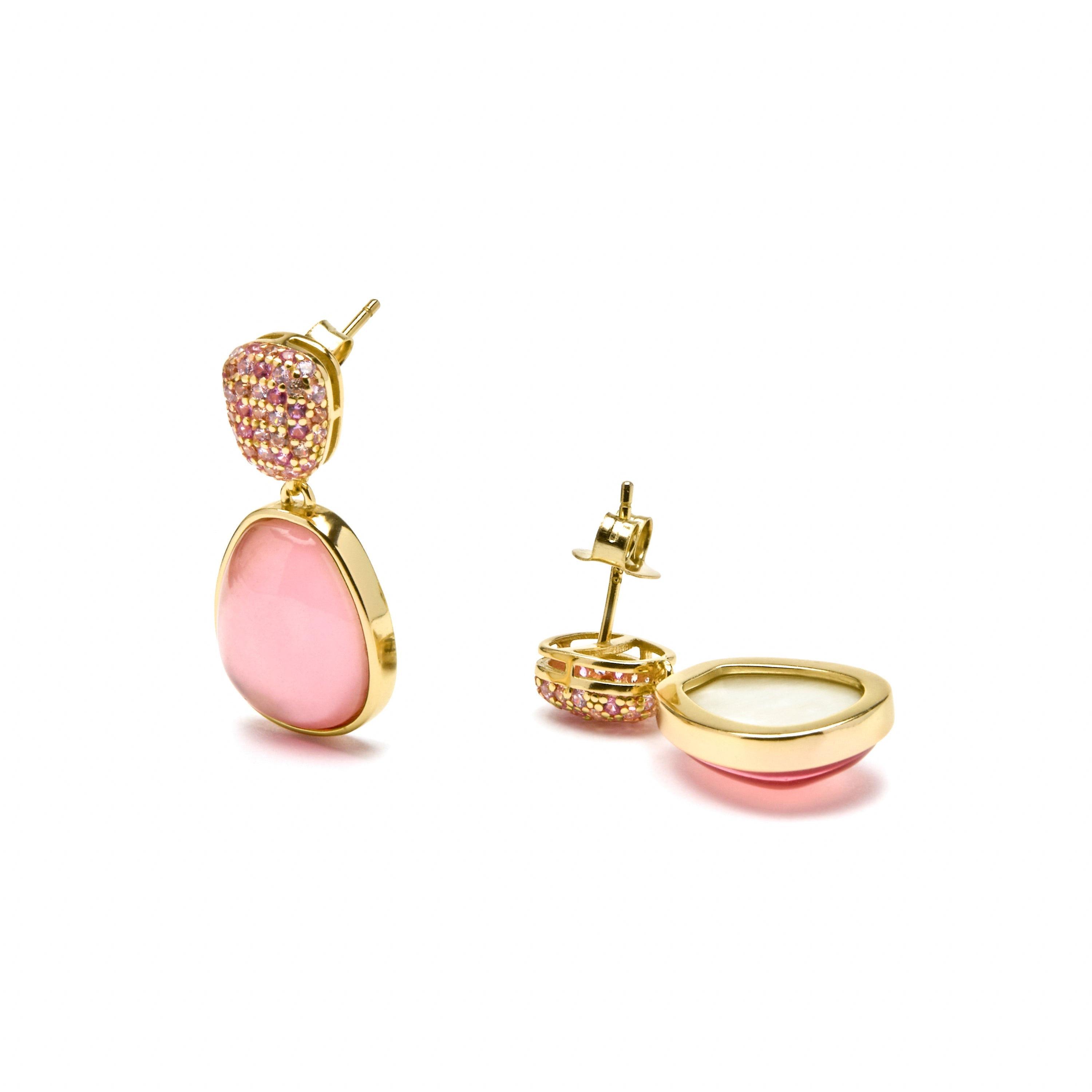 925 Sterling Silver and Pink Mother of Pearl / Crystal Doublet Earrings, 18k Yellow Gold Finish - Kiziane