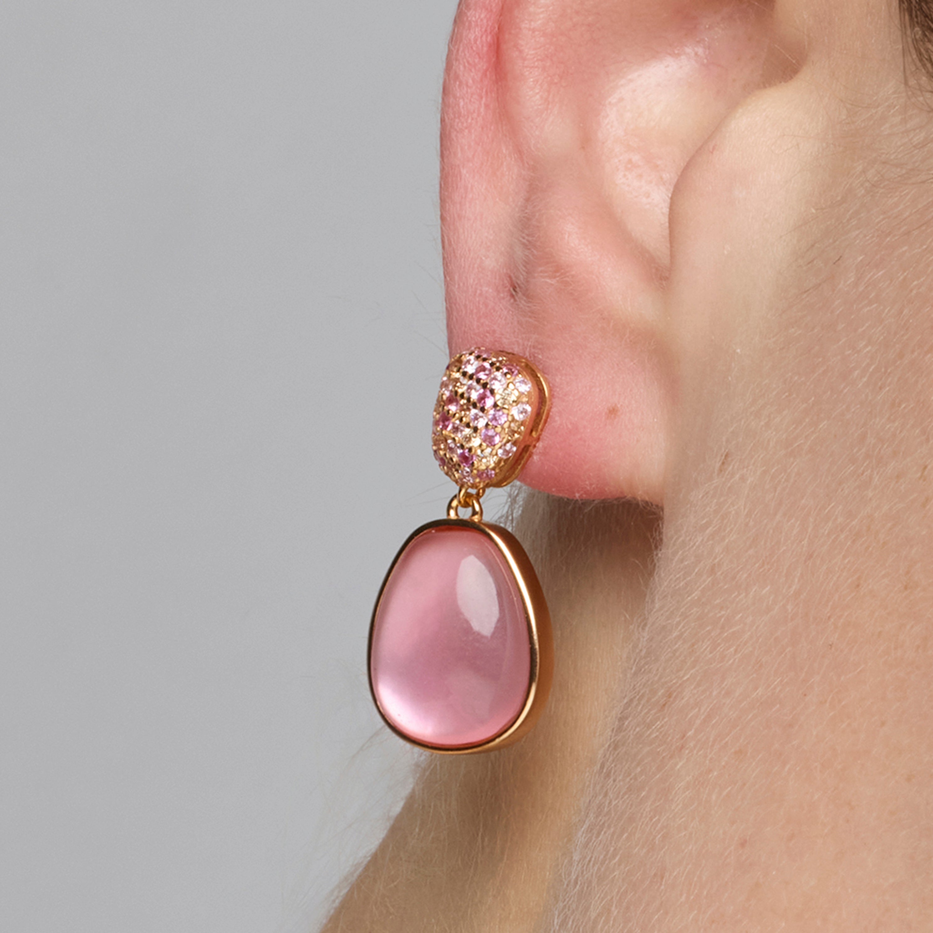 925 Sterling Silver and Pink Mother of Pearl / Crystal Doublet Earrings, 18k Yellow Gold Finish - Kiziane