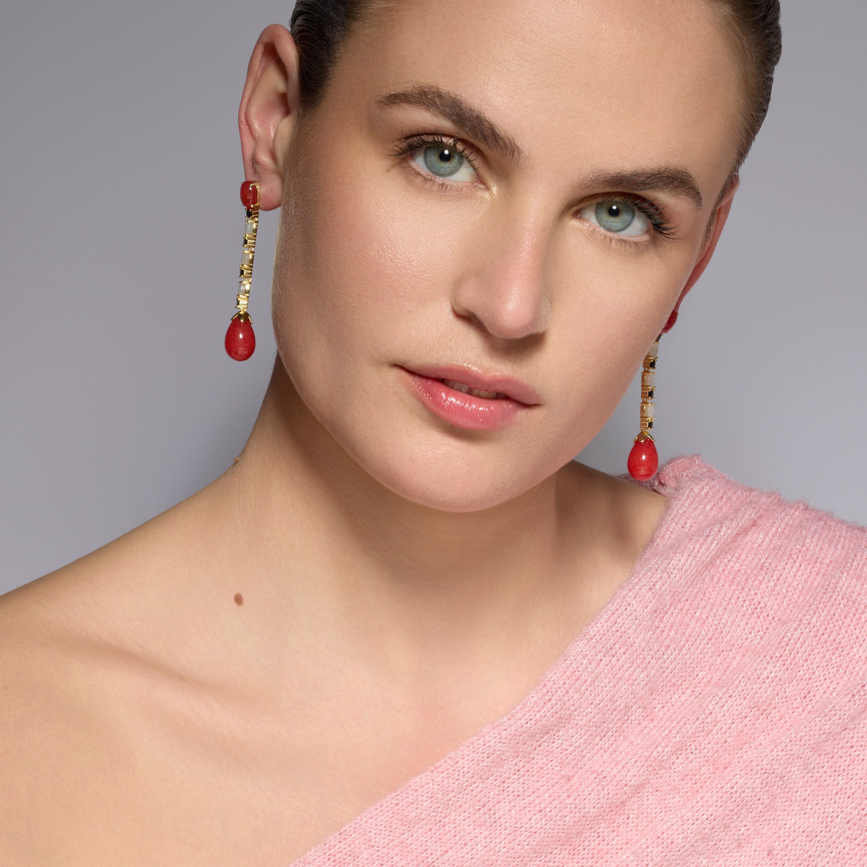 925 Sterling Silver and Coral Earrings in 18k Yellow Gold Finish - Kavi