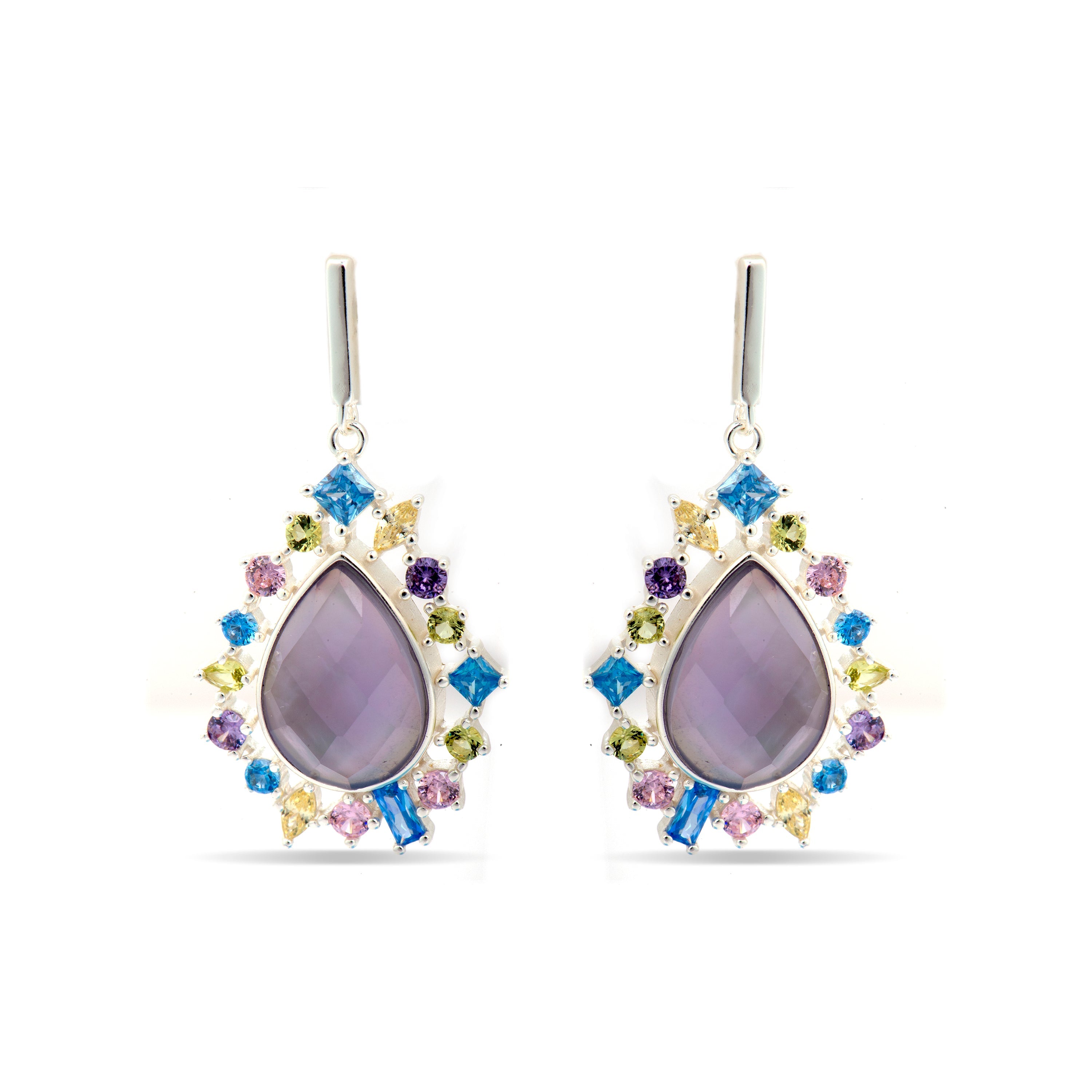 925 Sterling Silver and Multicolor Zirconia Earrings with Rhodium Finish - Shigua