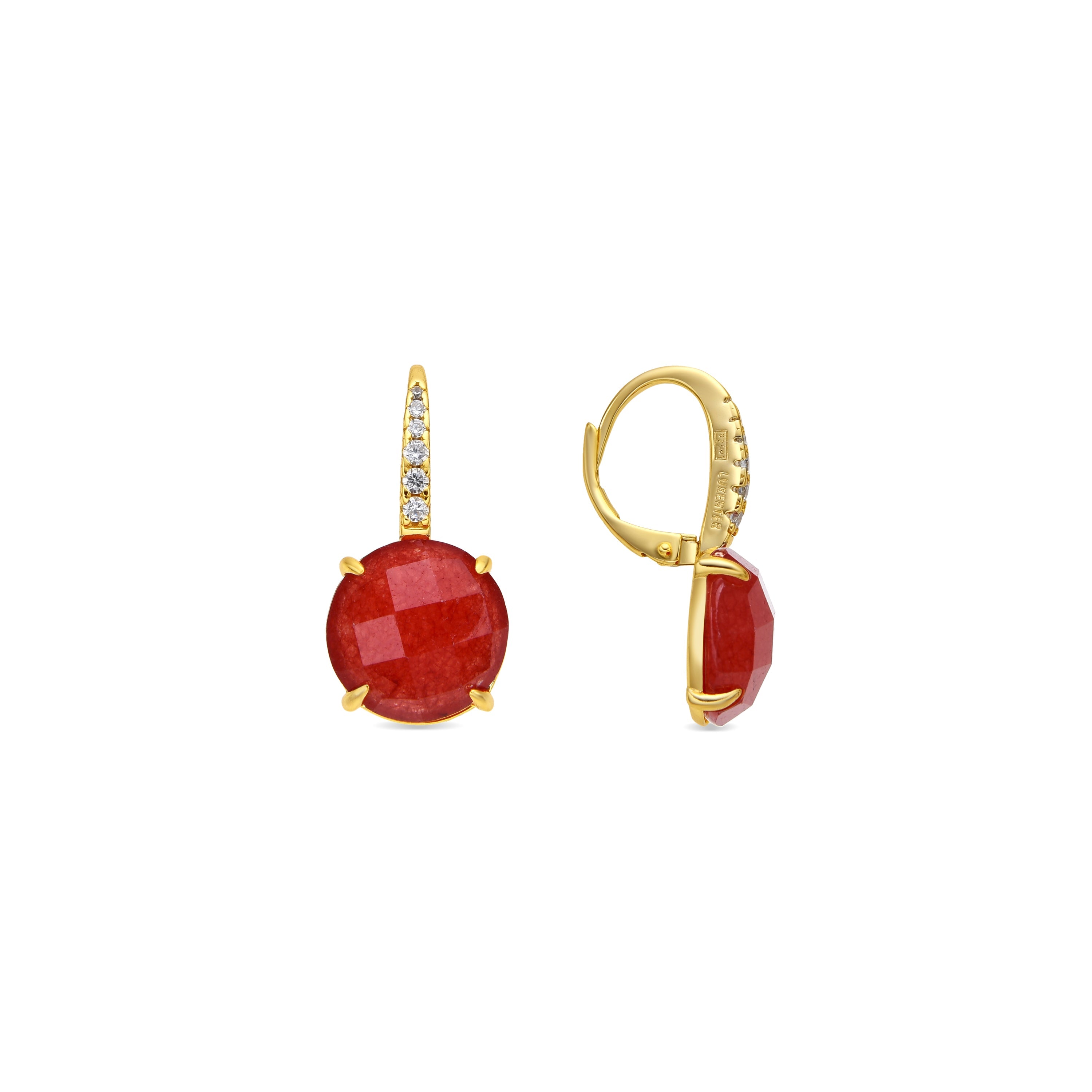 925 Sterling Silver and Red Jade Earrings, 18k Yellow Gold Finish, Lior
