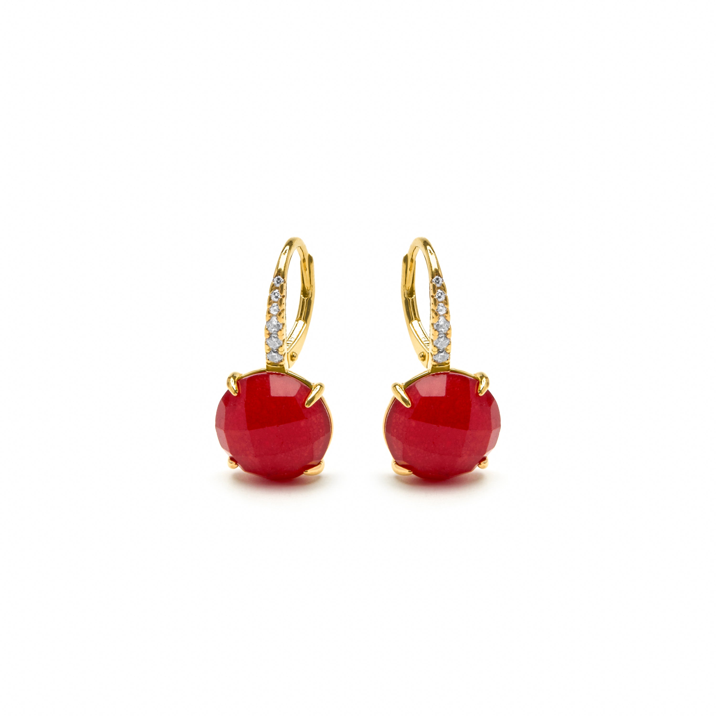 925 Sterling Silver and Red Jade Earrings, 18k Yellow Gold Finish, Lior