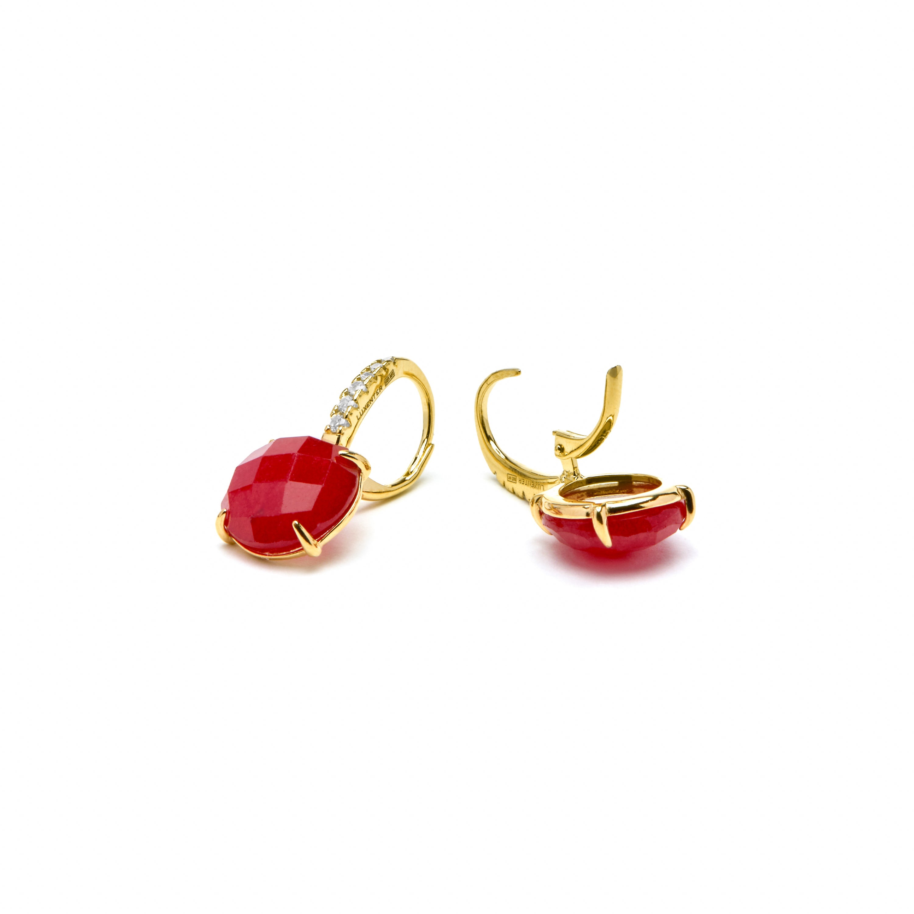 925 Sterling Silver and Red Jade Earrings, 18k Yellow Gold Finish, Lior