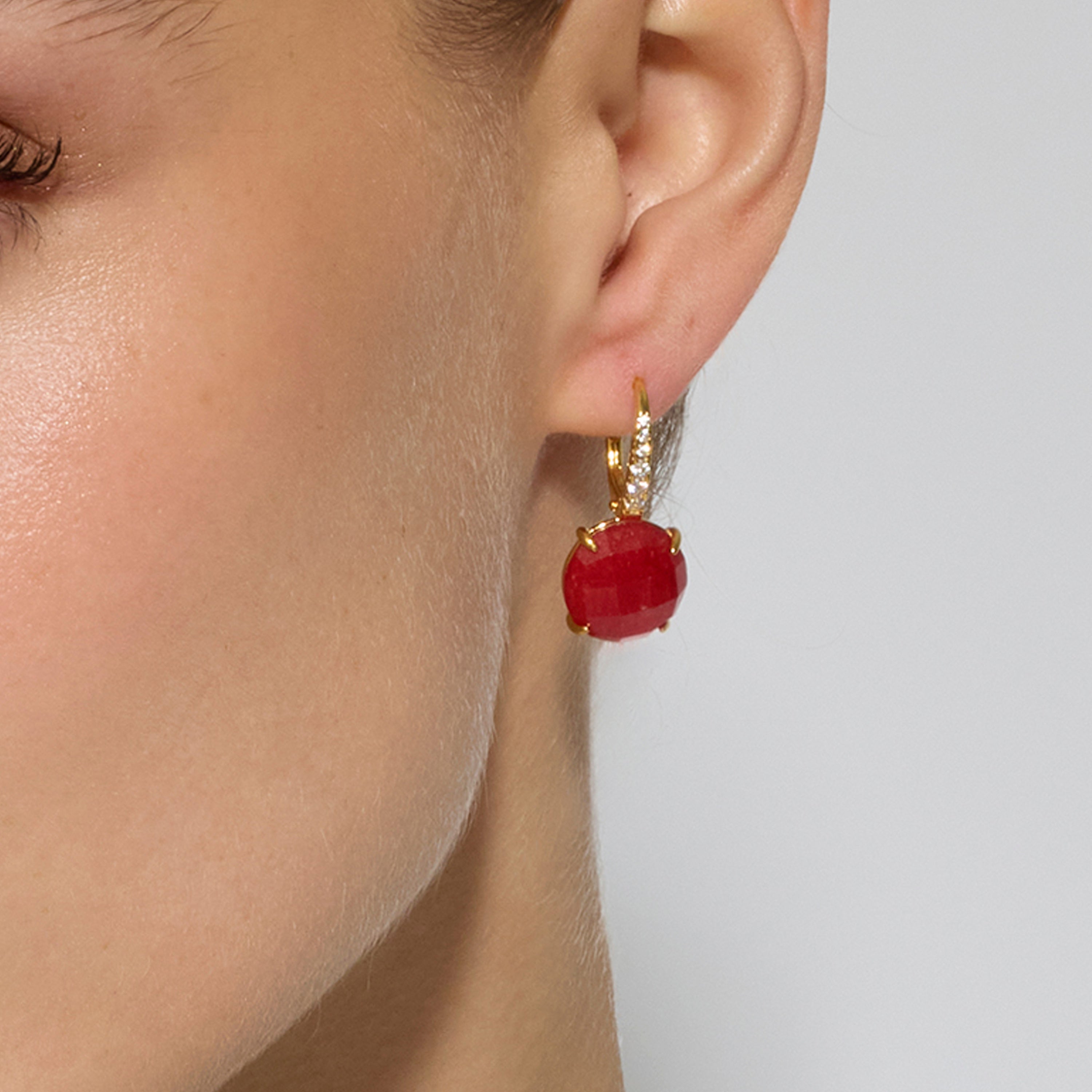 925 Sterling Silver and Red Jade Earrings, 18k Yellow Gold Finish, Lior