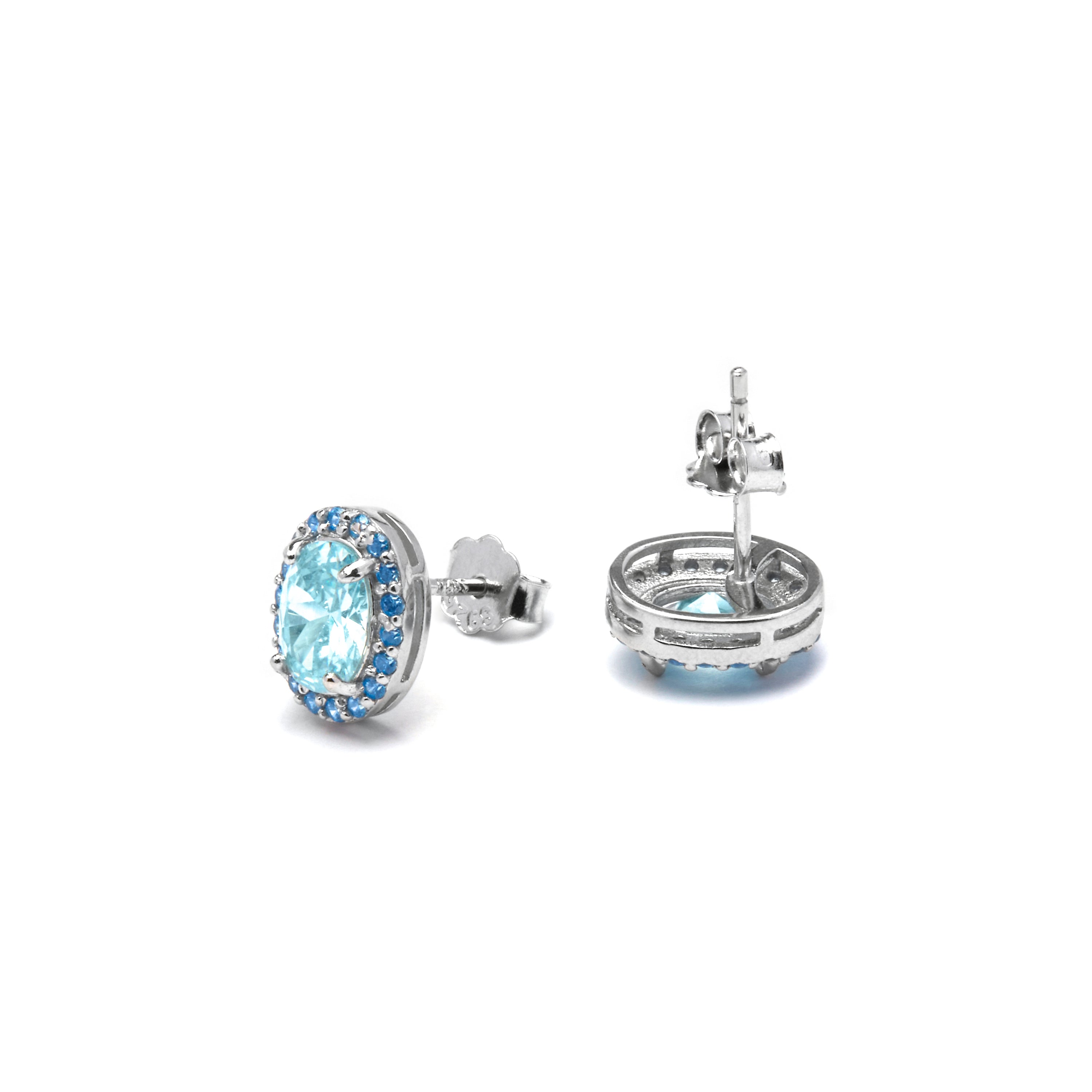 925 Sterling Silver and Aquamarine Cubic Zirconia Earrings with rhodium plating - Unxo