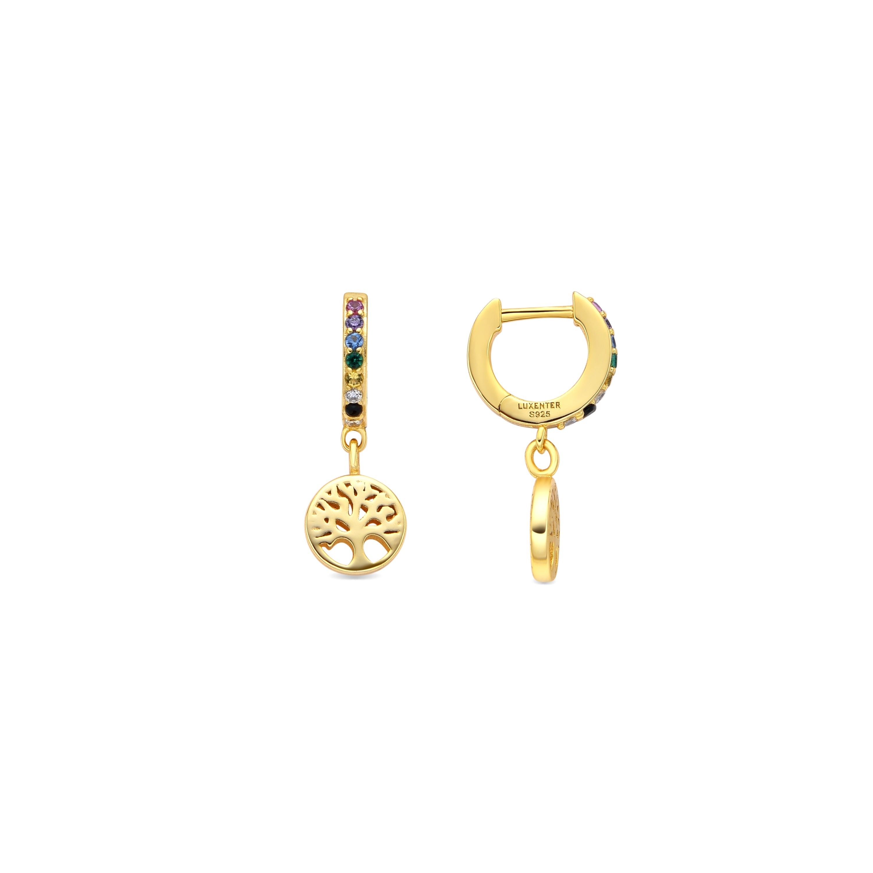 925 Sterling Silver and Multicolor Zirconia Earrings, 18k Yellow Gold Finish - Tree of Life