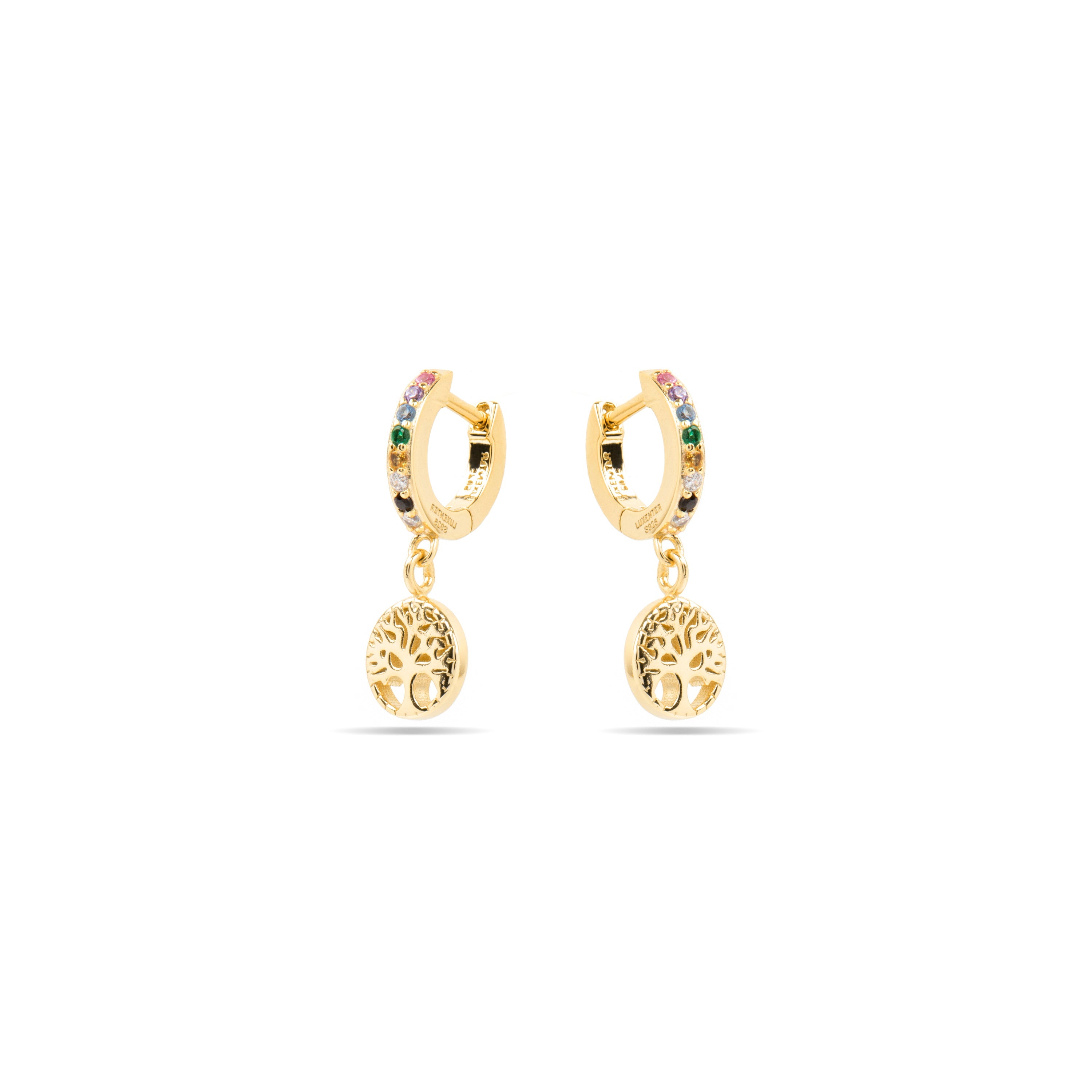 Brincos em Prata 925 com Zircônia Multicolorida acabamento ouro amarelo 18k - Árvore da Vida
