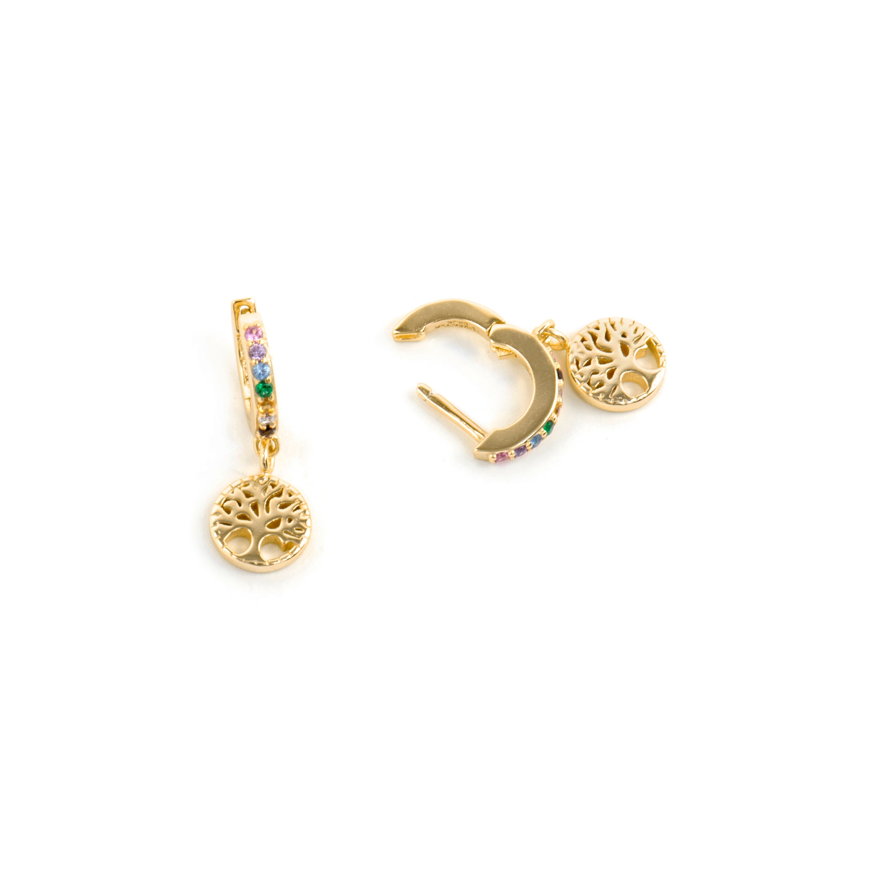 Brincos em Prata 925 com Zircônia Multicolorida acabamento ouro amarelo 18k - Árvore da Vida