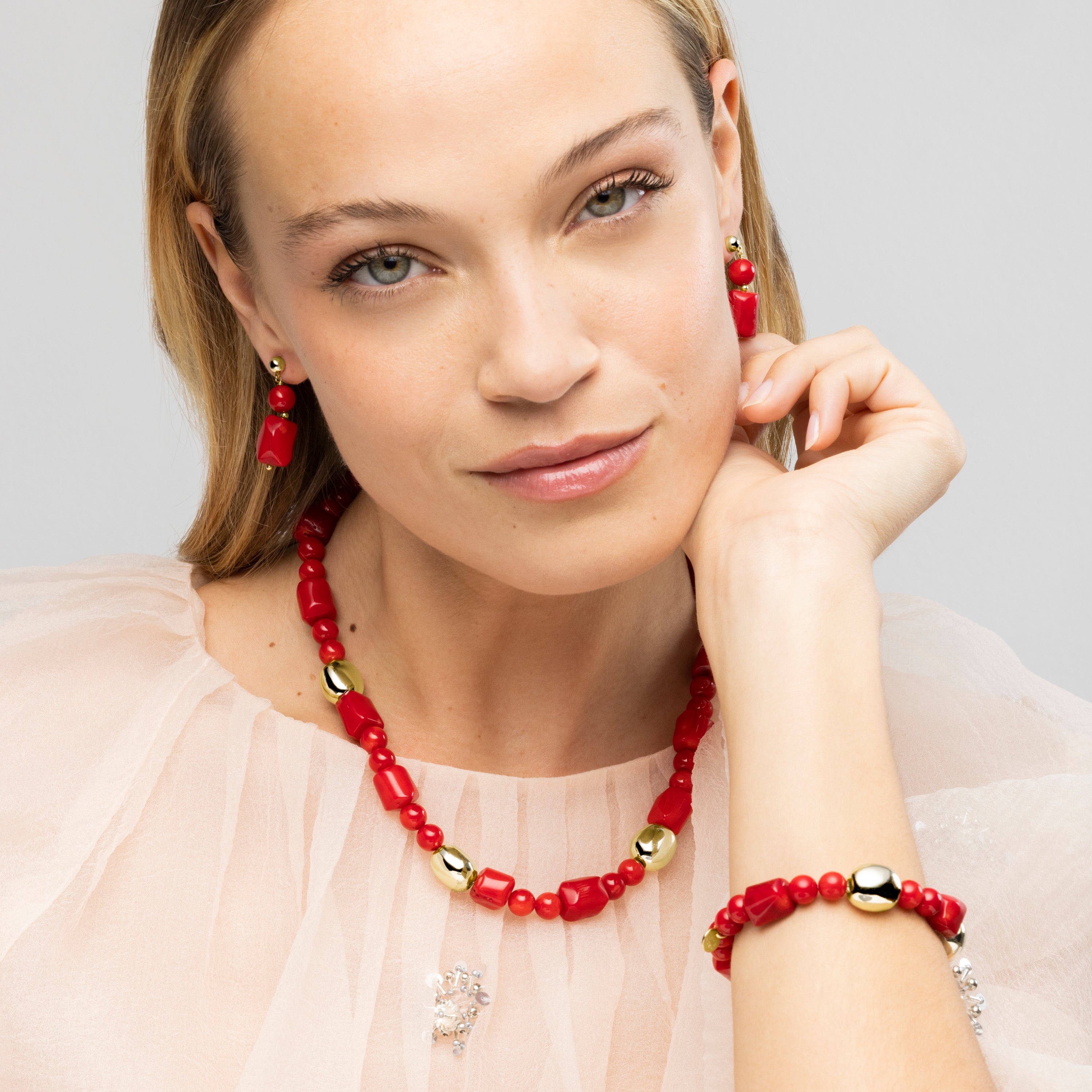 Caheart 925 Sterling Silver and Coral Earrings in 18k Yellow Gold Finish