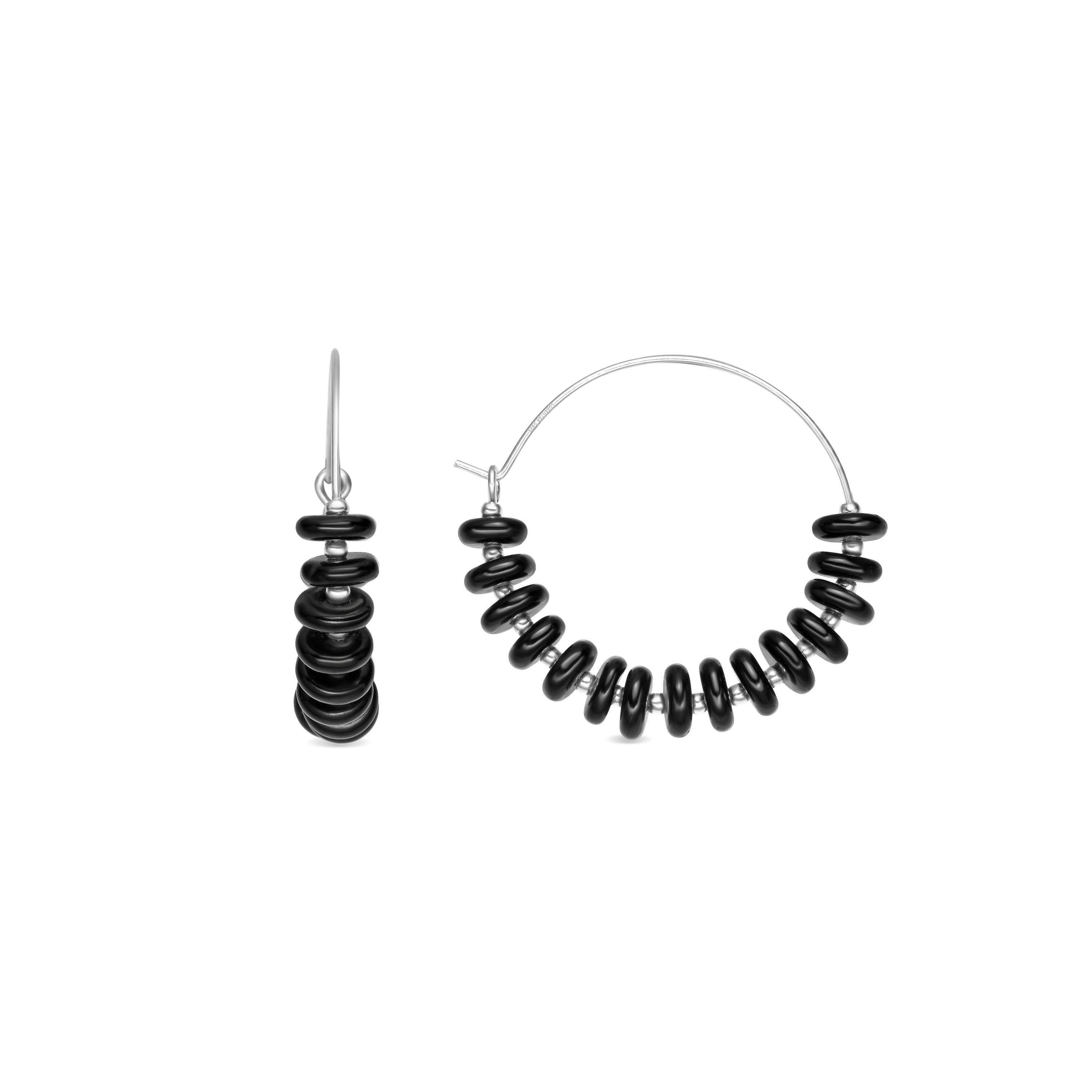 925 Sterling Silver and Black Agate Earrings with Rhodium Finish - Laha