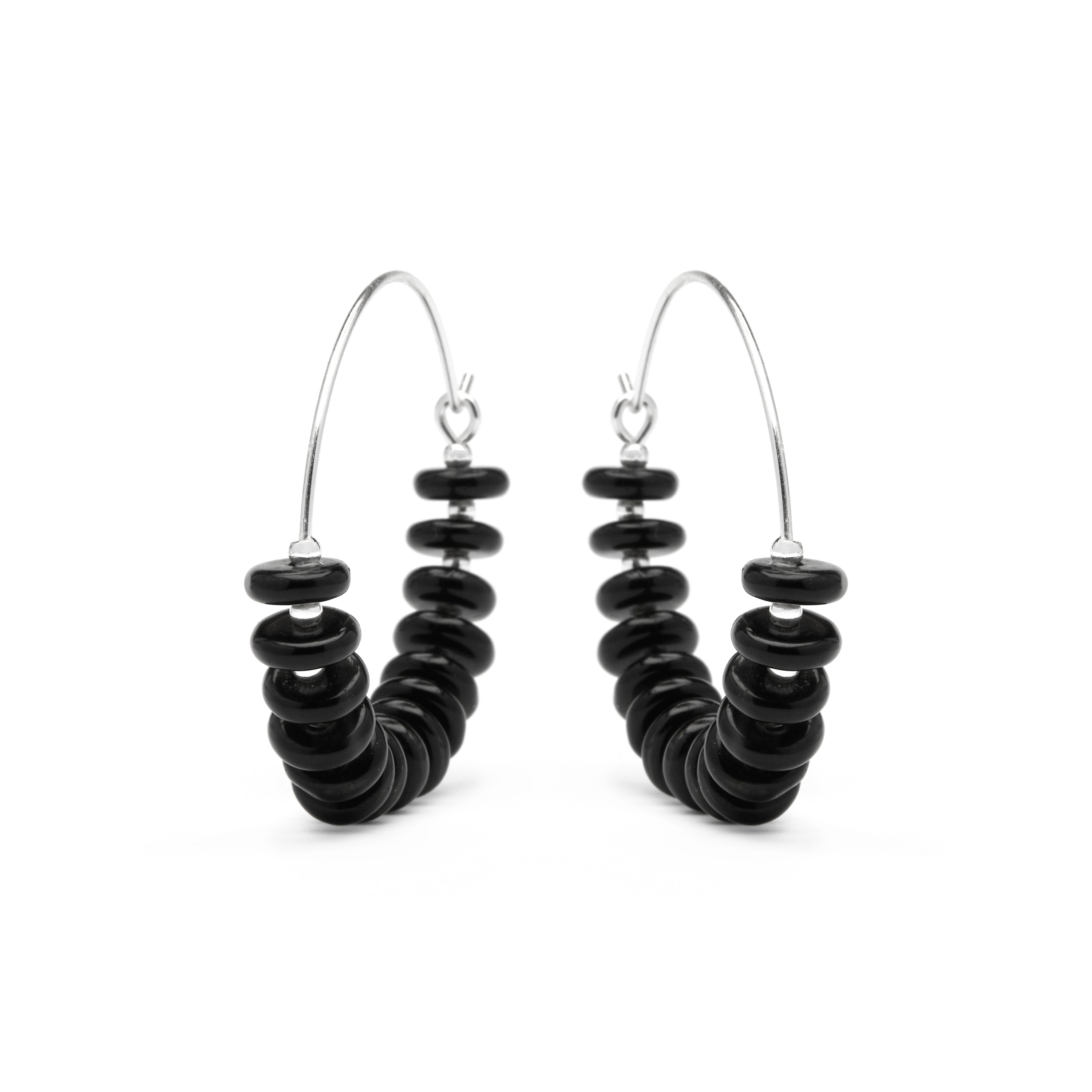 925 Sterling Silver and Black Agate Earrings with Rhodium Finish - Laha
