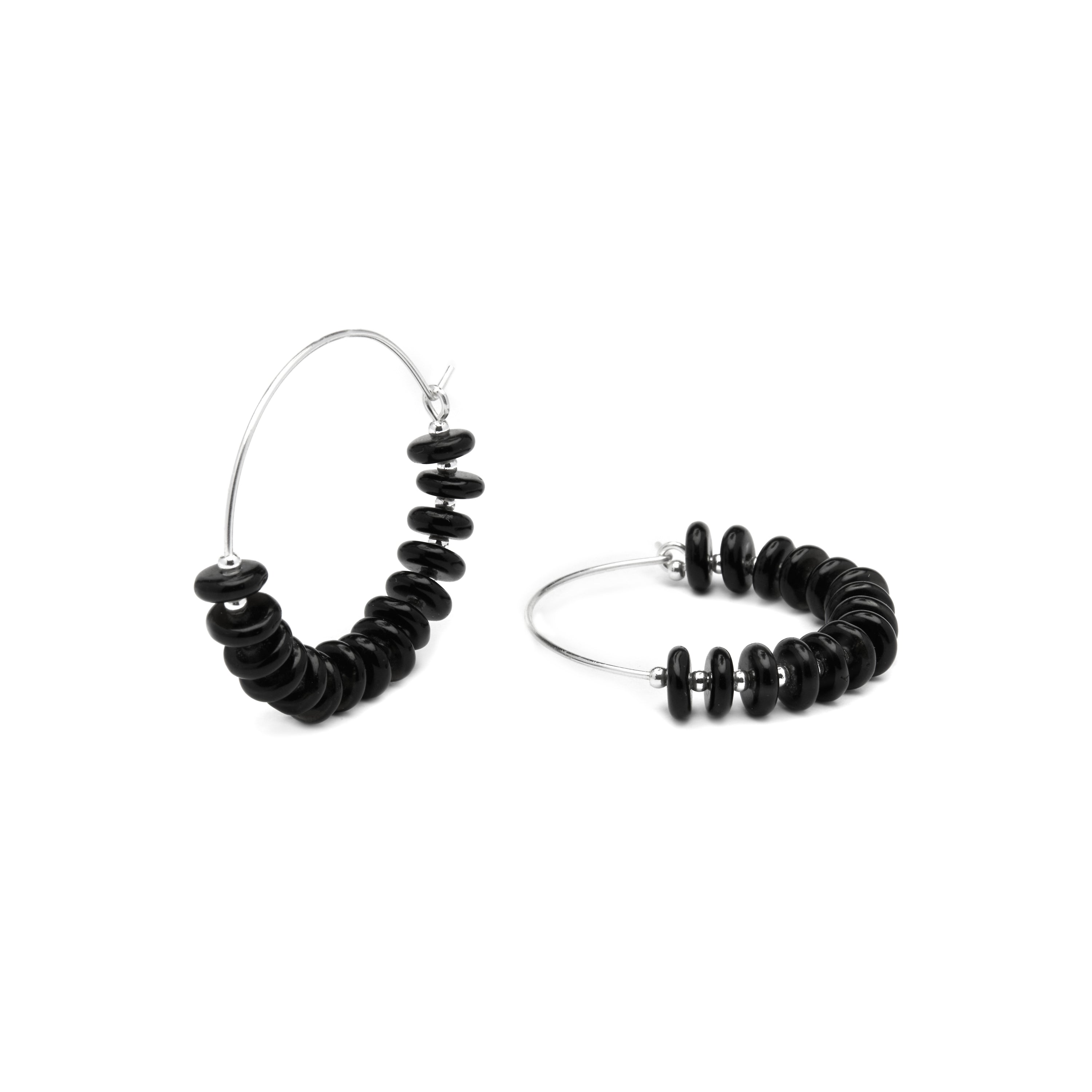 925 Sterling Silver and Black Agate Earrings with Rhodium Finish - Laha