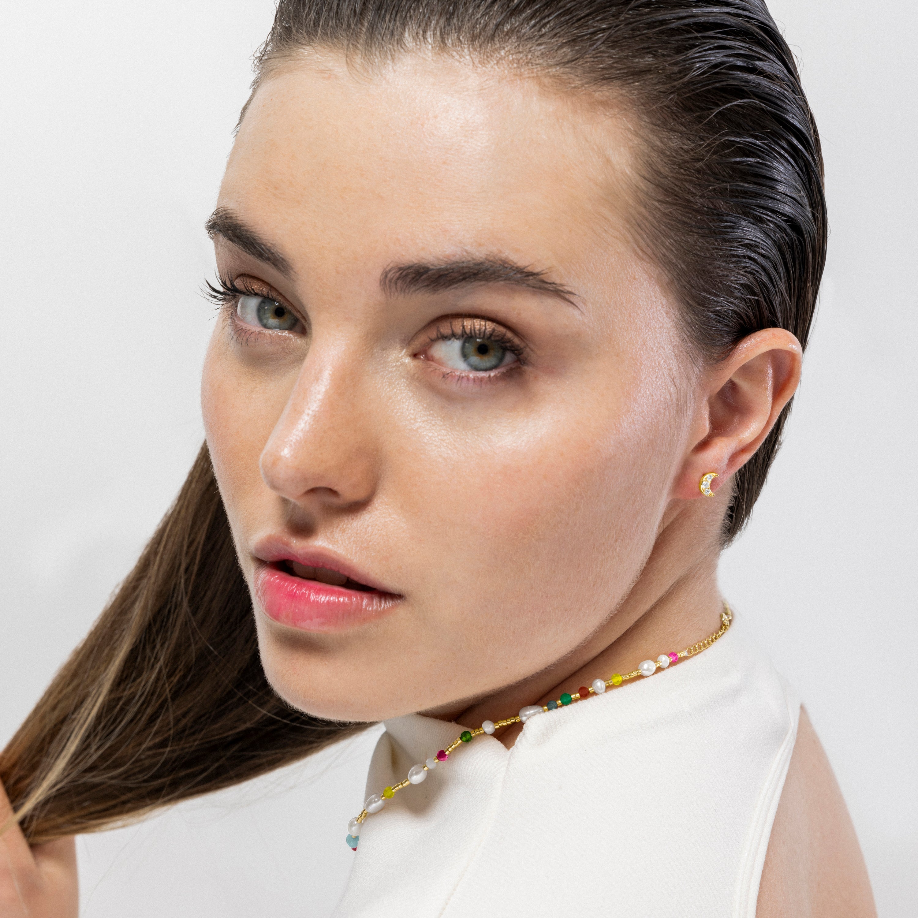 925 Sterling Silver and Brilliant Zirconia Earrings Finished in 18K Yellow Gold - Luna