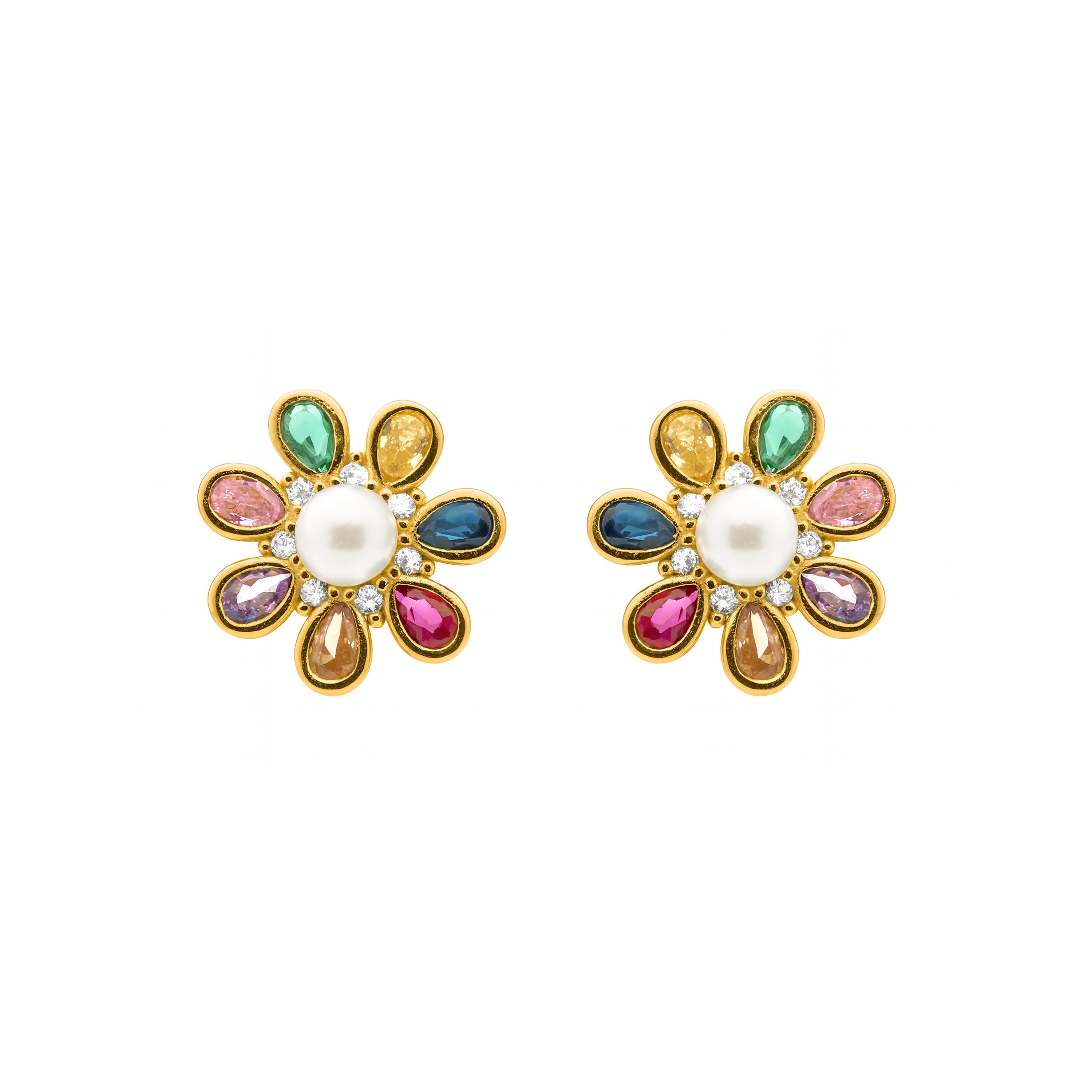 925 Sterling Silver Multicolor Zircon Earrings with an 18k Yellow Gold Finish - Bosul