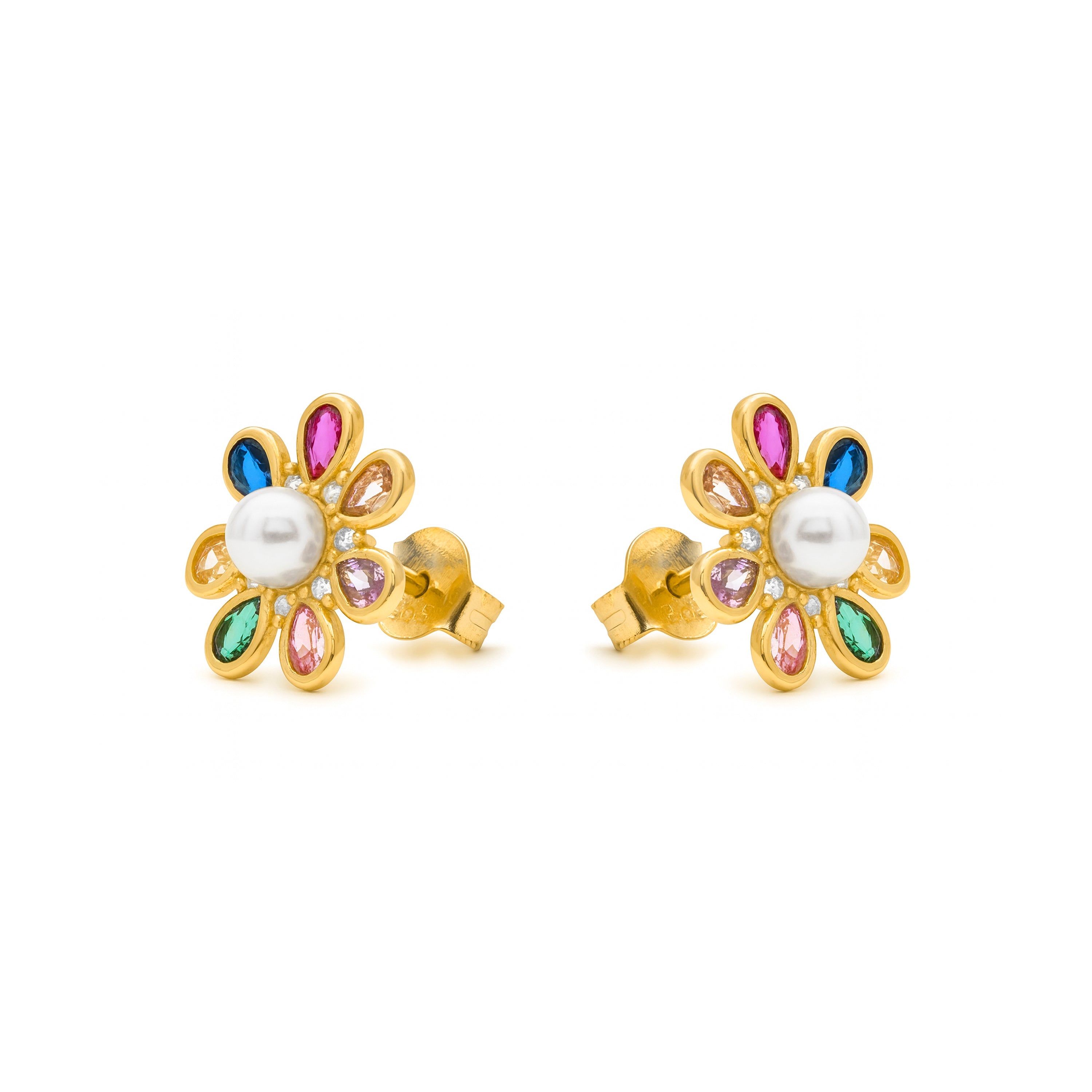 925 Sterling Silver Multicolor Zircon Earrings with an 18k Yellow Gold Finish - Bosul