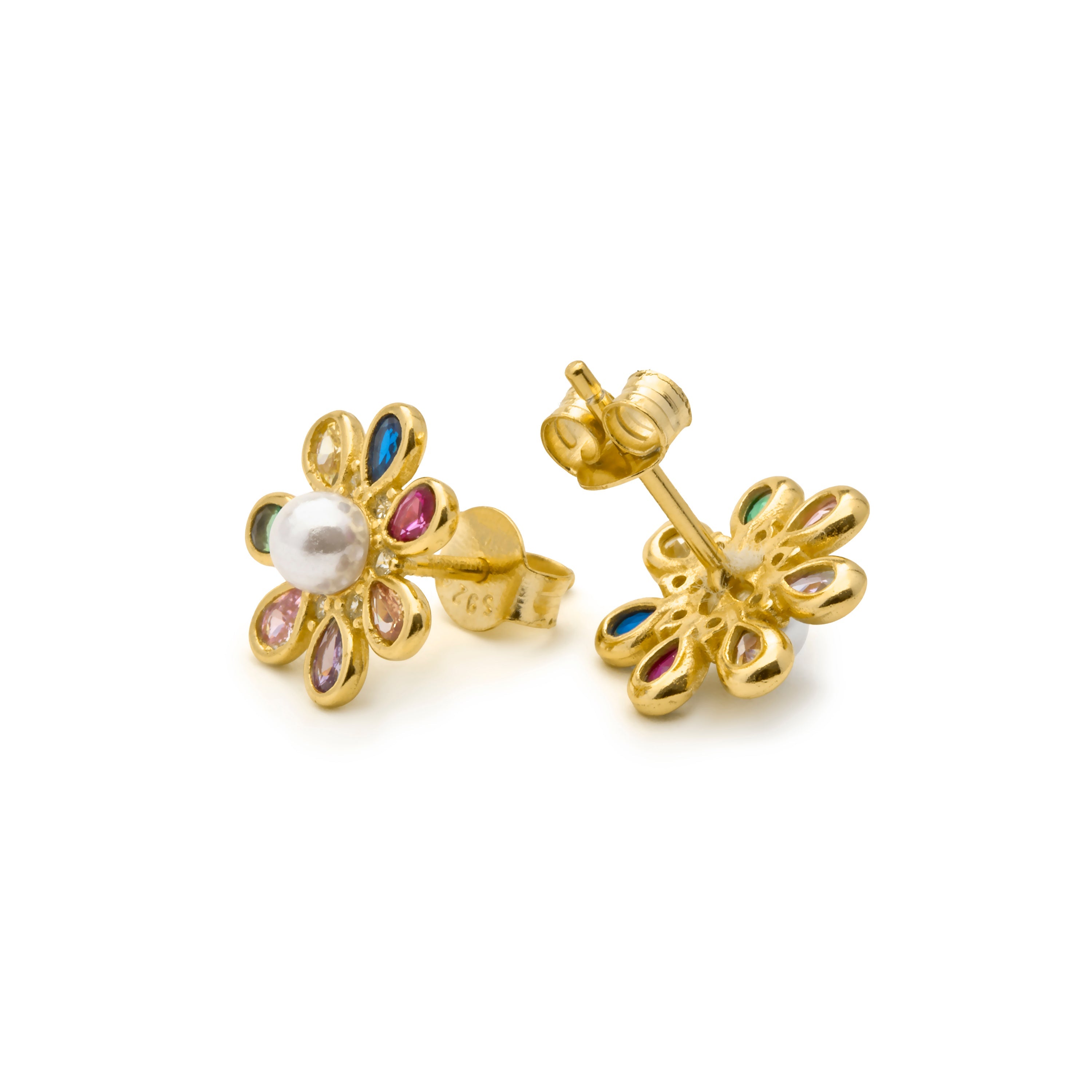 925 Sterling Silver Multicolor Zircon Earrings with an 18k Yellow Gold Finish - Bosul