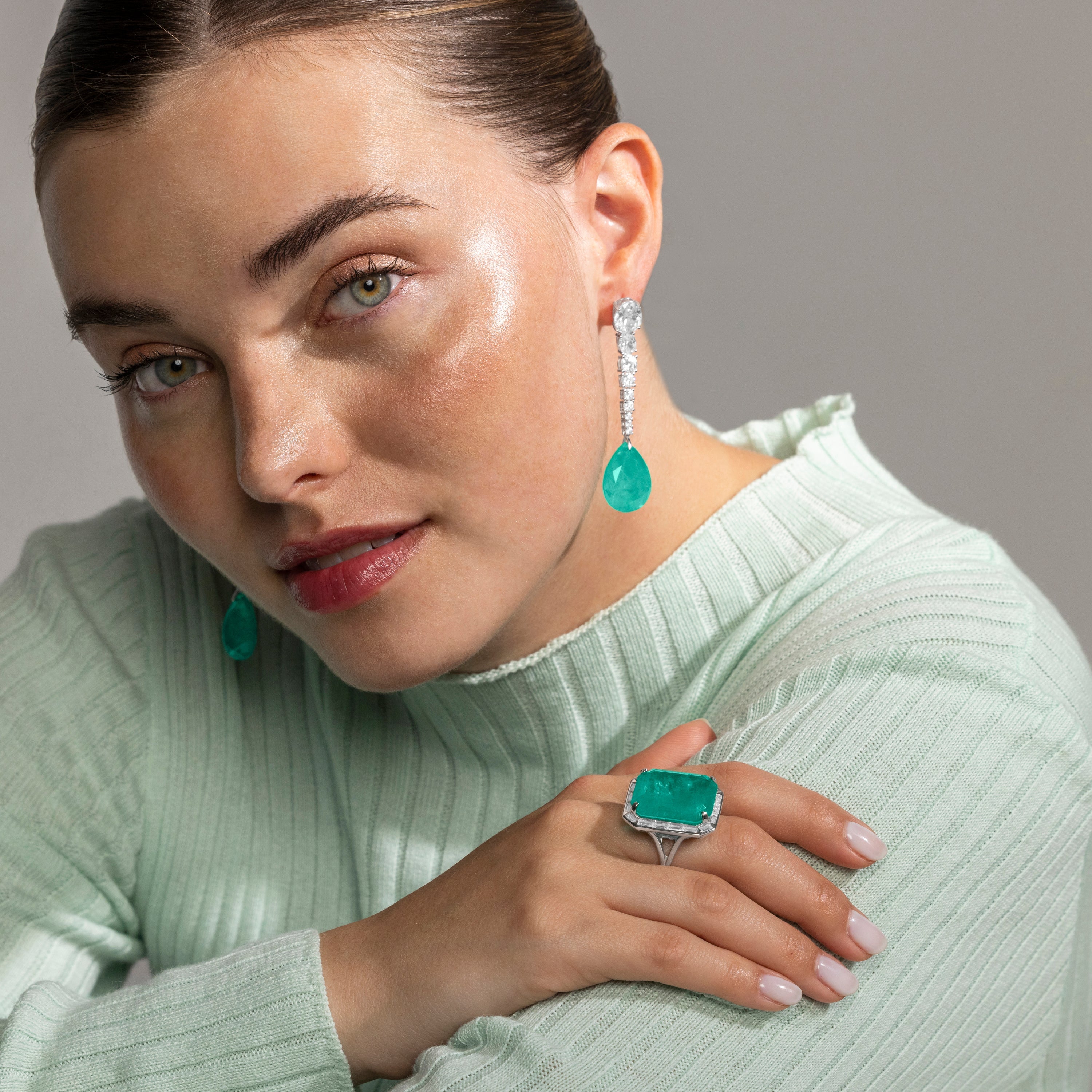 925 Sterling Silver and Green Hydrothermal Quartz Ring with Rhodium Finish - Teu