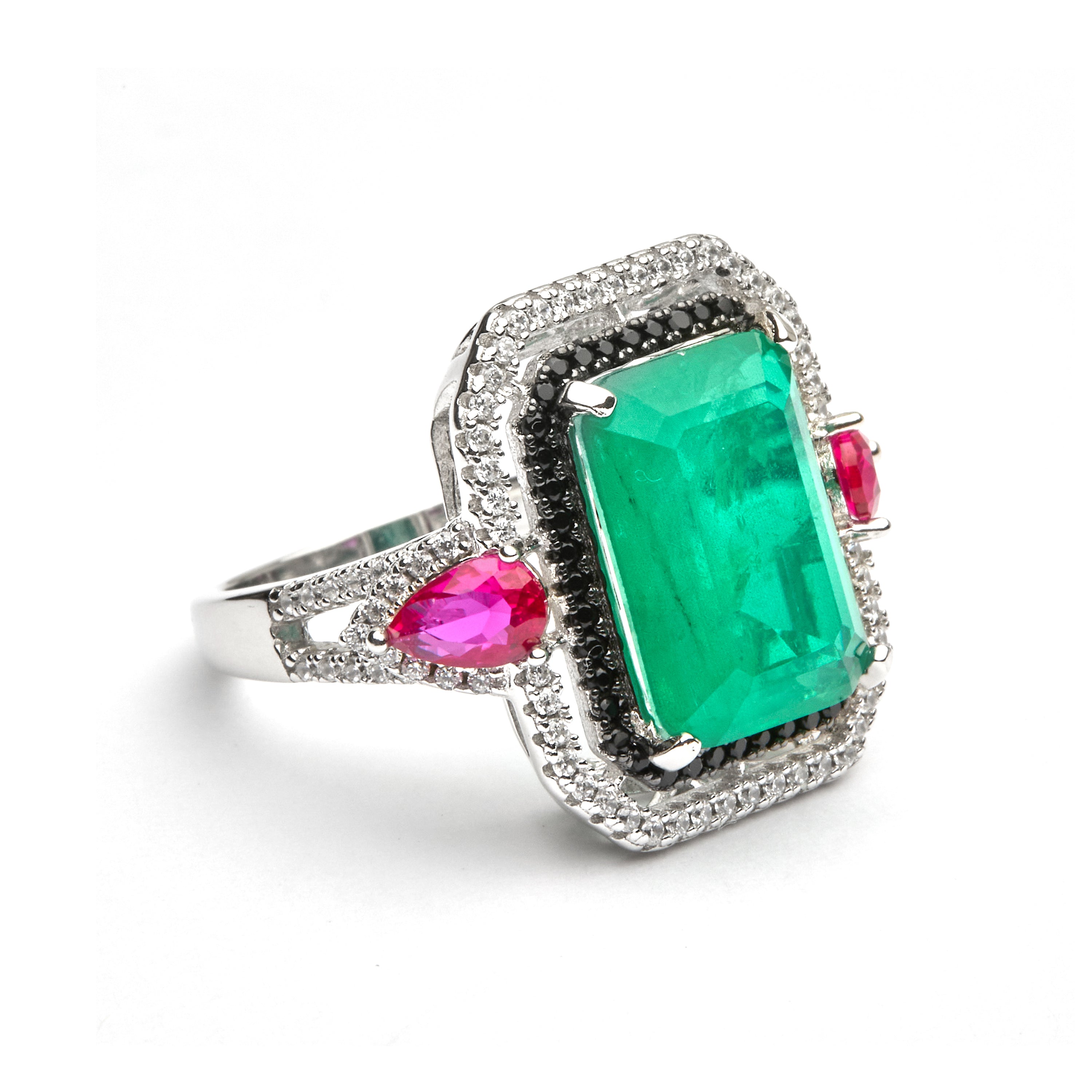 Anillo de Plata de Ley 925 y Cuarzo Hidrotermal Verde acabado en rodio - Malizu