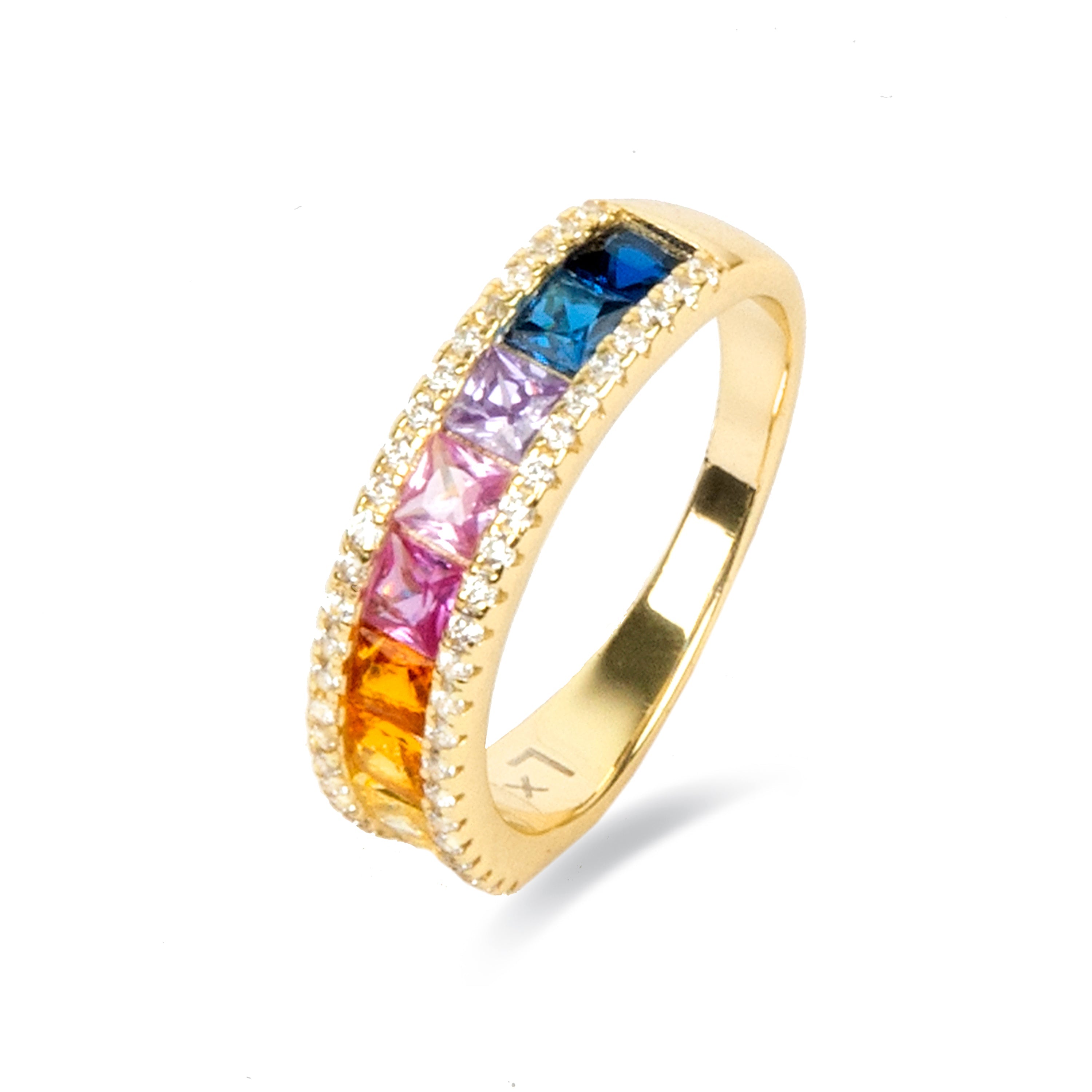 Anel Bhaime de Prata 925 com Zircônia Multicolorida e banho de ouro 18k