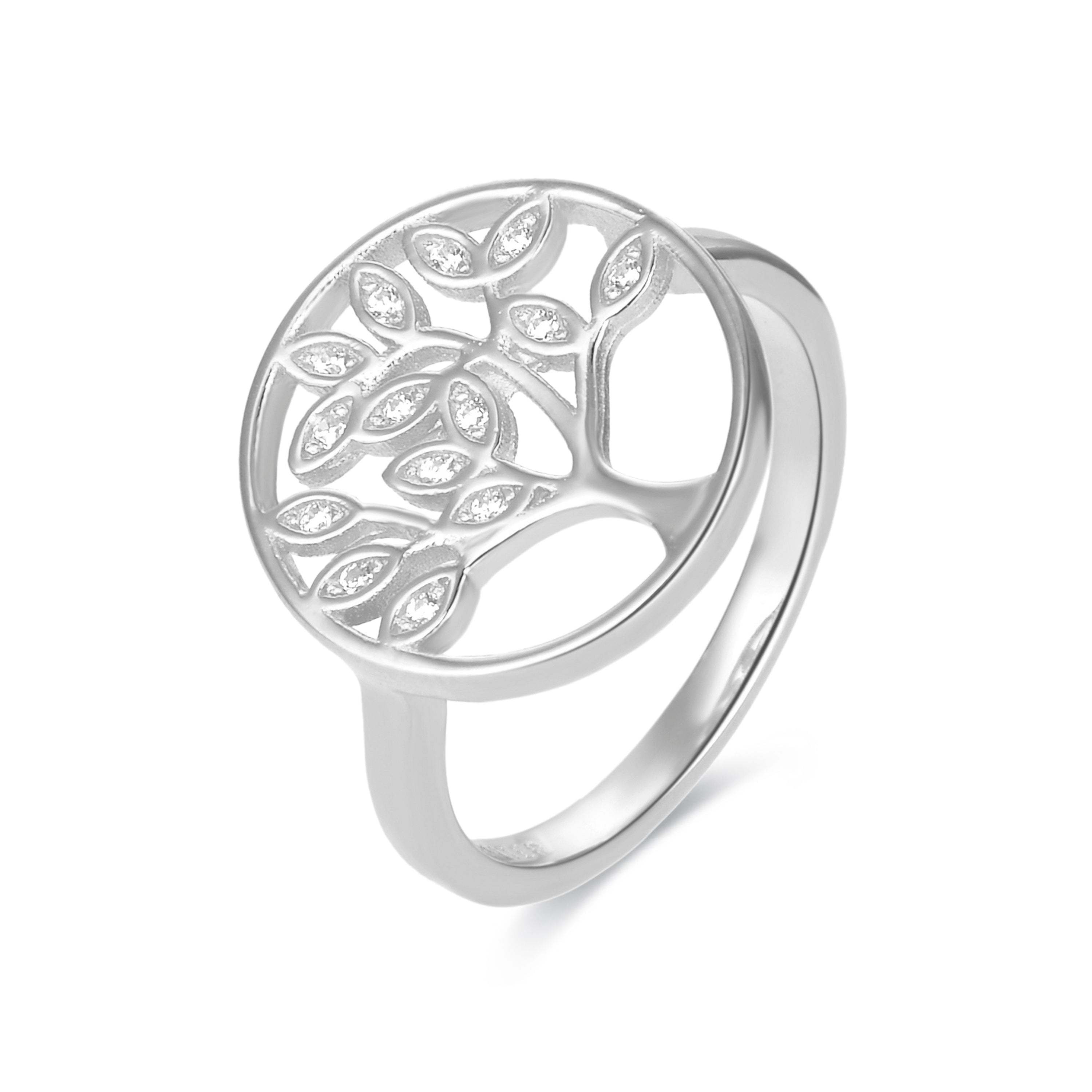 925 Sterling Silver Ring with Brilliant Zirconia, Rhodium Finish - Tree of Life