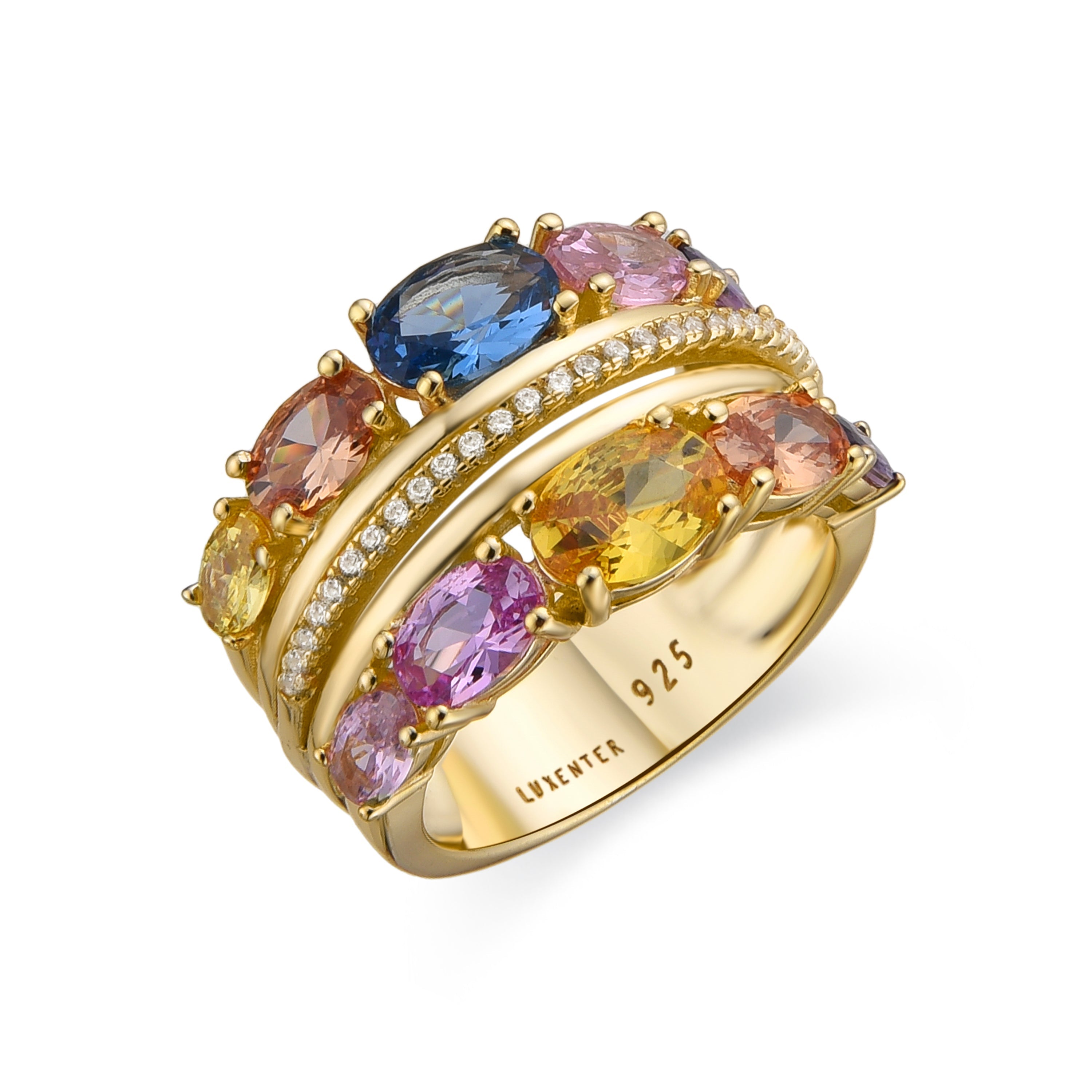 925 Sterling Silver and Multicolor Zirconia Ring with 18k Gold Finish - Diopra