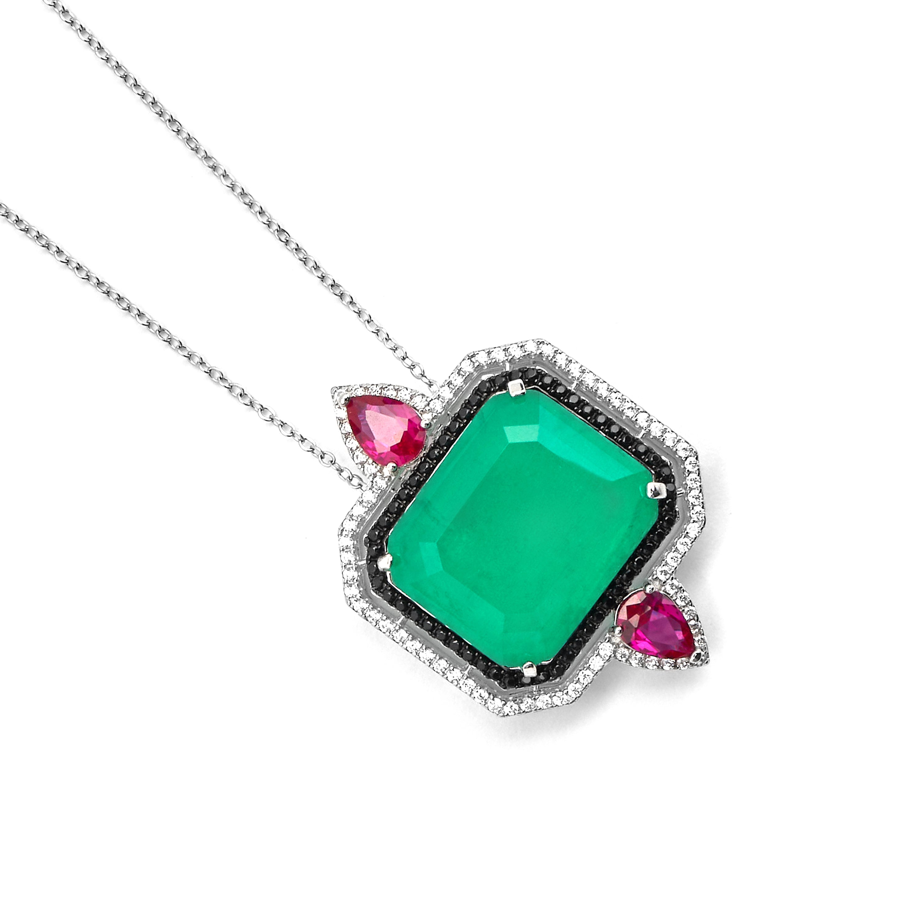 925 Sterling Silver and Green Hydrothermal Quartz Necklace with Rhodium Finish - Malizu