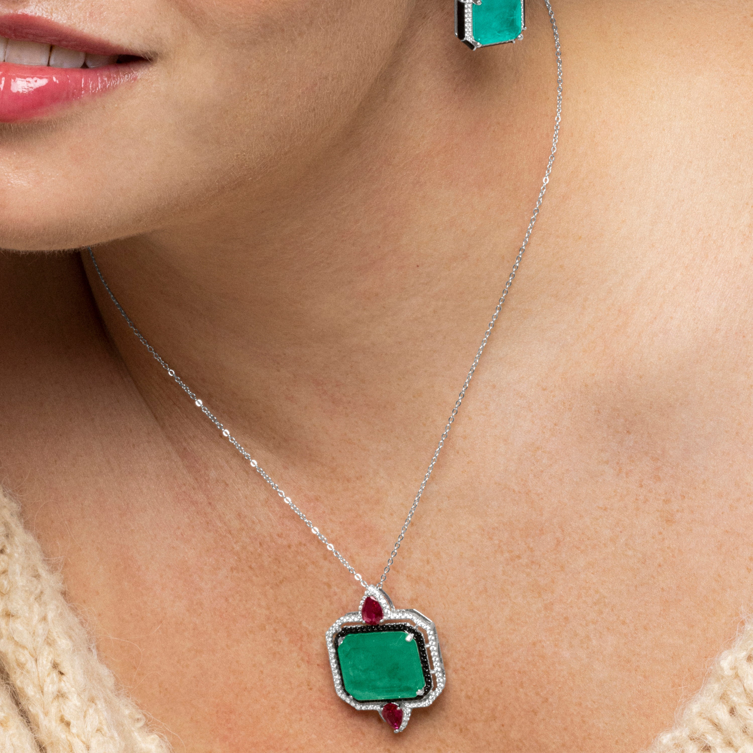 925 Sterling Silver and Green Hydrothermal Quartz Necklace with Rhodium Finish - Malizu