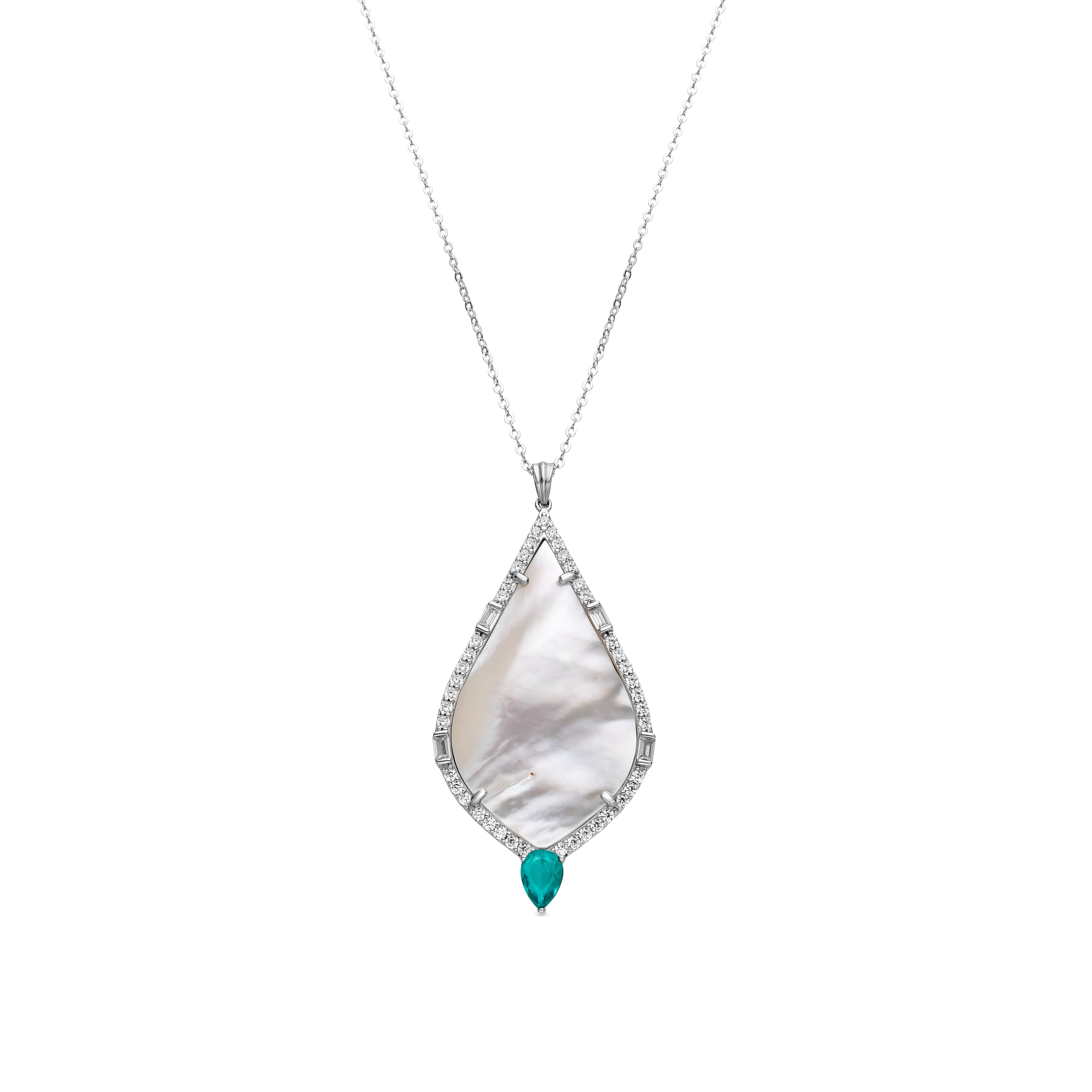 925 Sterling Silver and White Mother of Pearl Necklace with Rhodium Finish - Lorkai