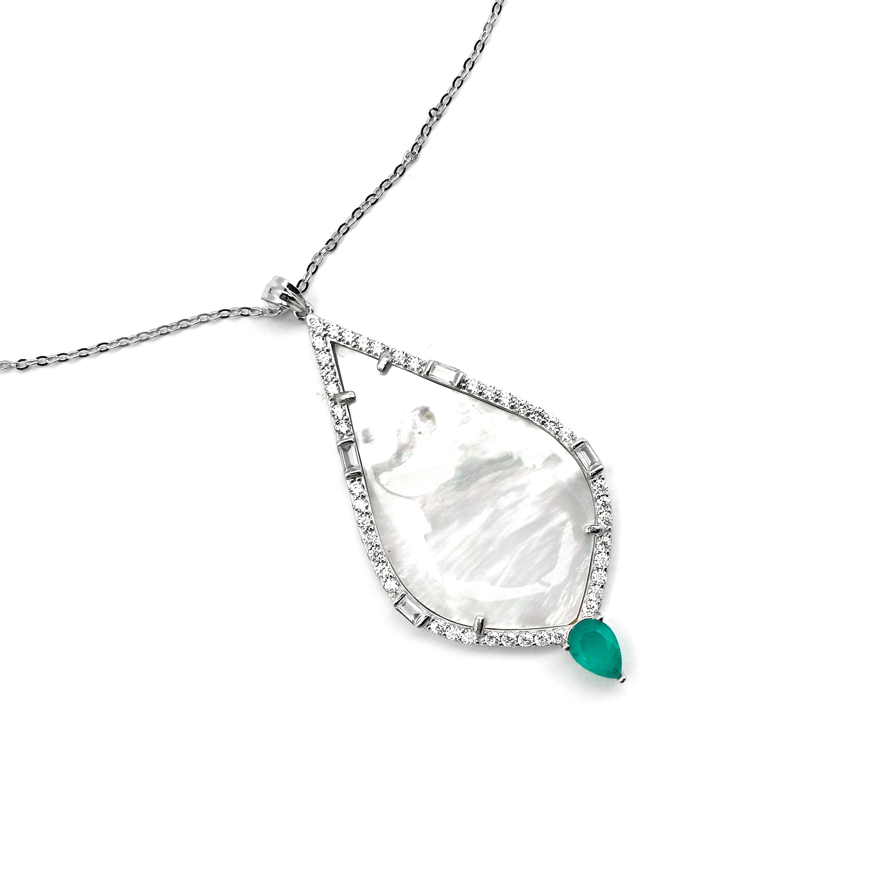 925 Sterling Silver and White Mother of Pearl Necklace with Rhodium Finish - Lorkai