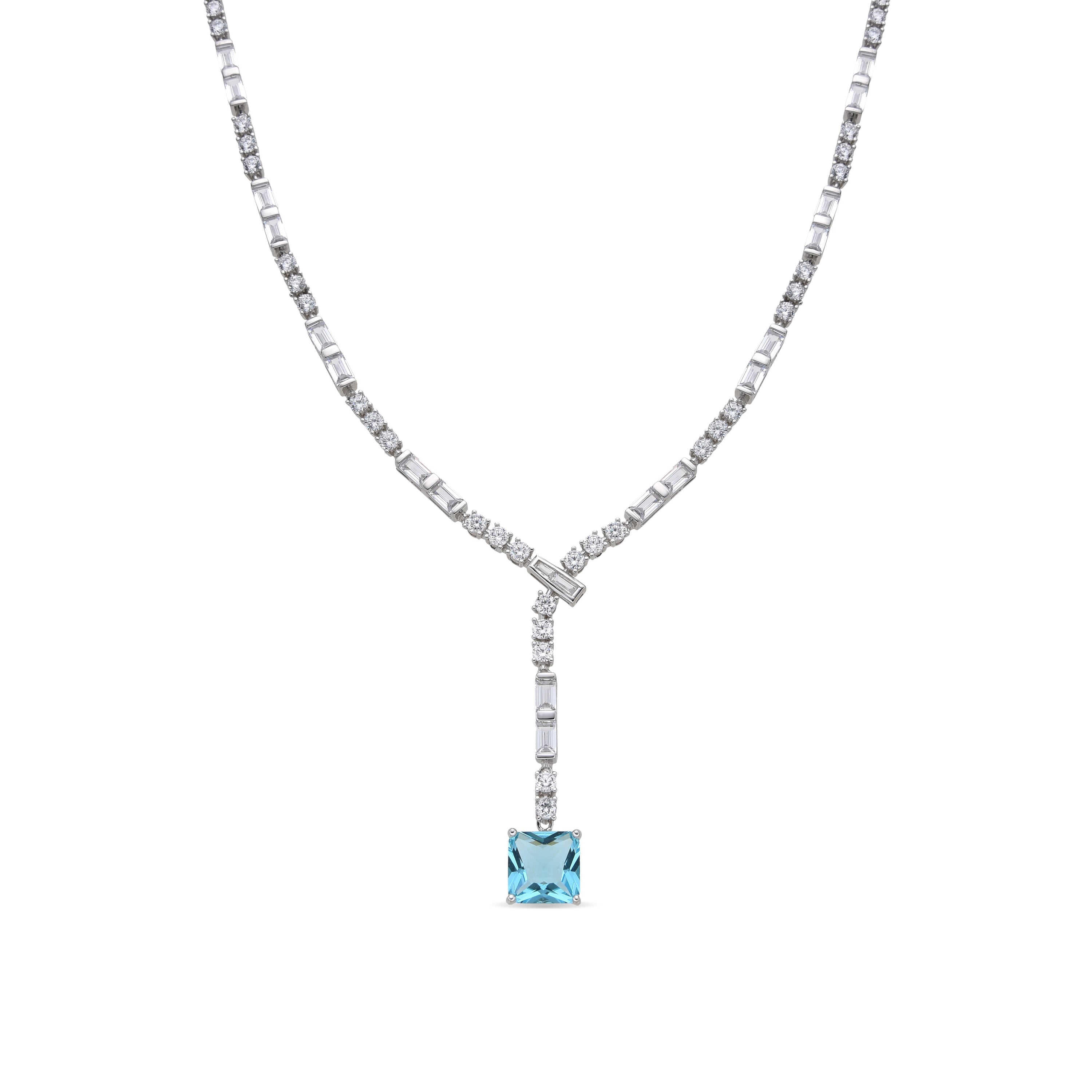925 Sterling Silver and Aquamarine Zirconia Necklace with Rhodium Finish - Faro