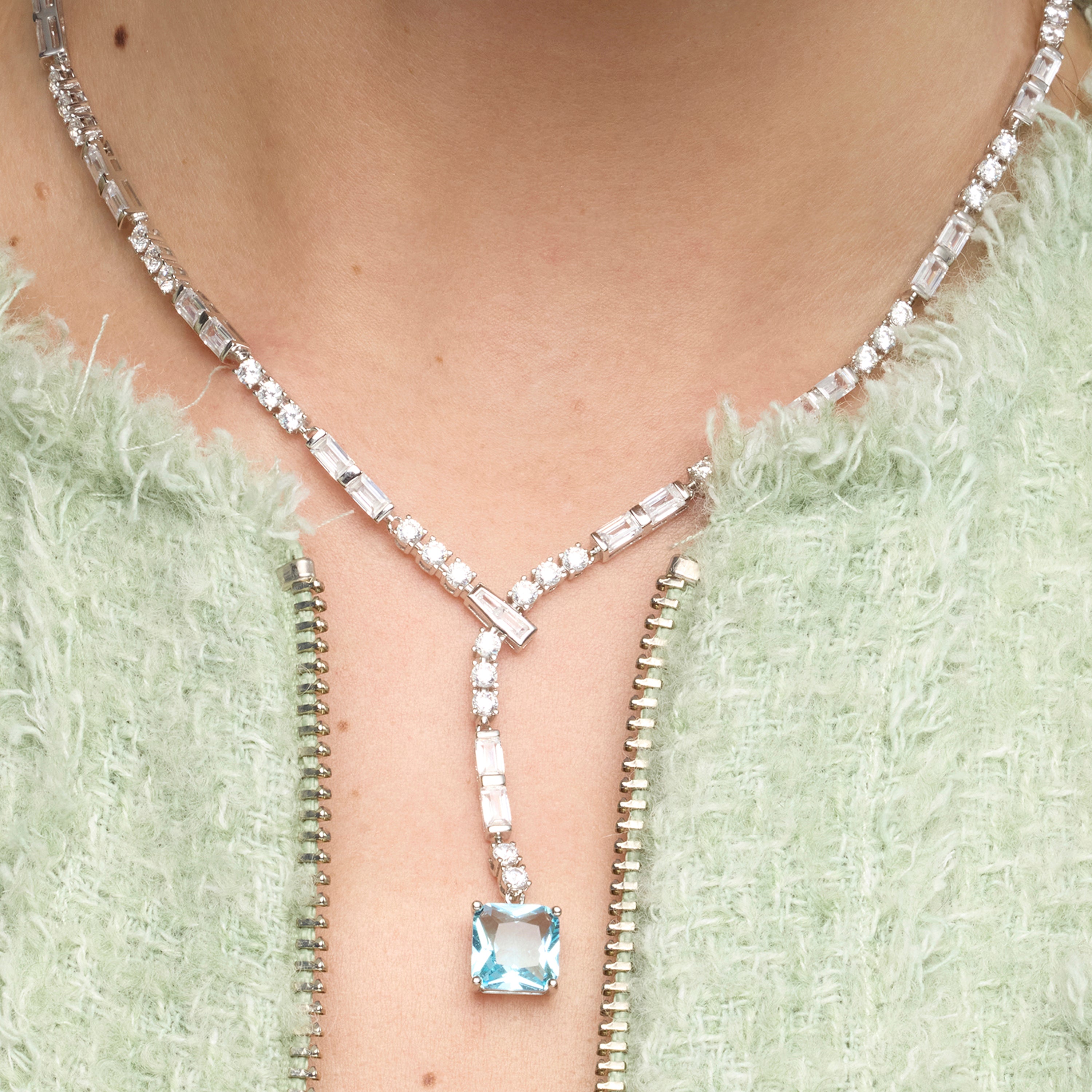 925 Sterling Silver and Aquamarine Zirconia Necklace with Rhodium Finish - Faro
