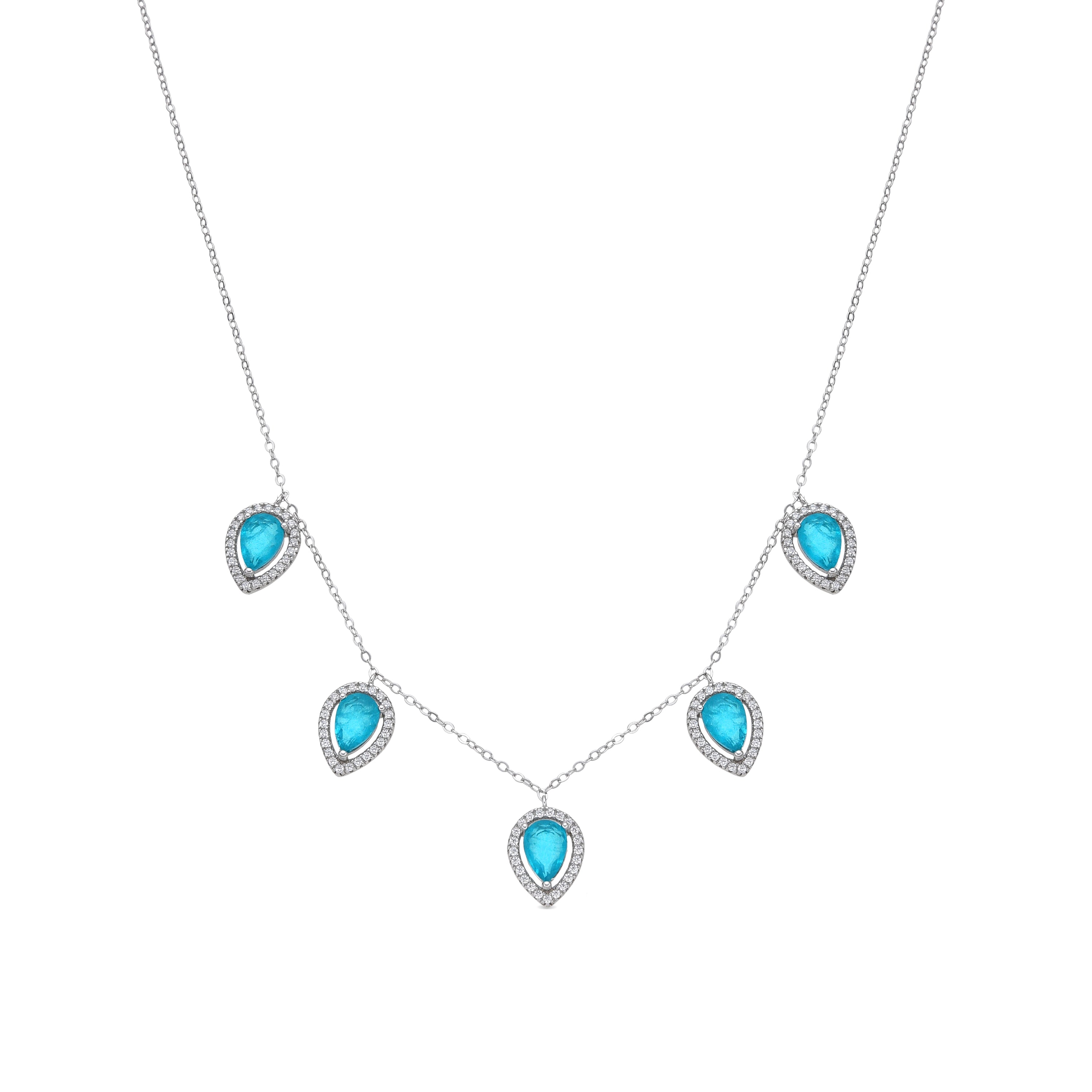 925 Sterling Silver and Aquamarine Hydrothermal Quartz Necklace with Rhodium Finish - Waxo