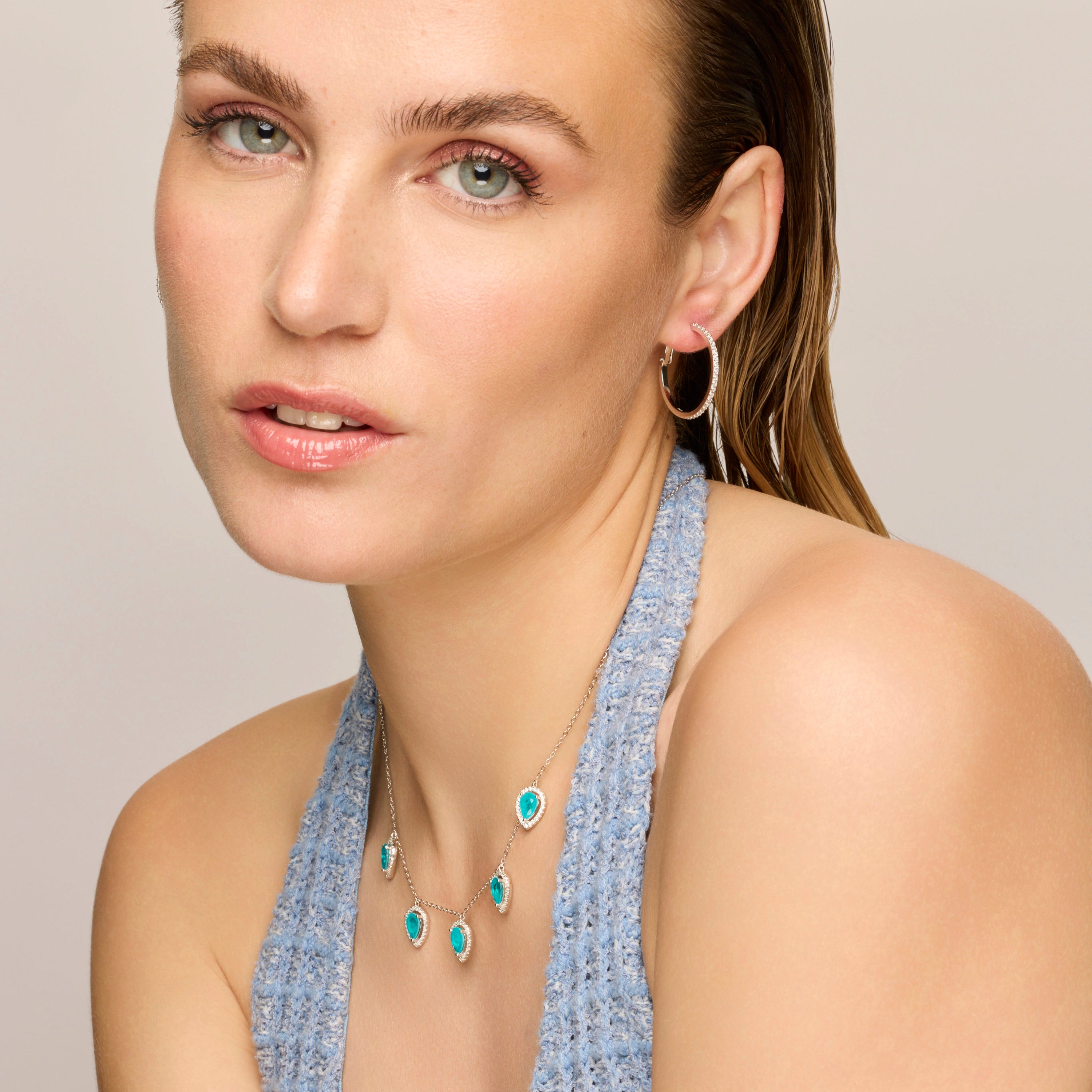 925 Sterling Silver and Aquamarine Hydrothermal Quartz Necklace with Rhodium Finish - Waxo