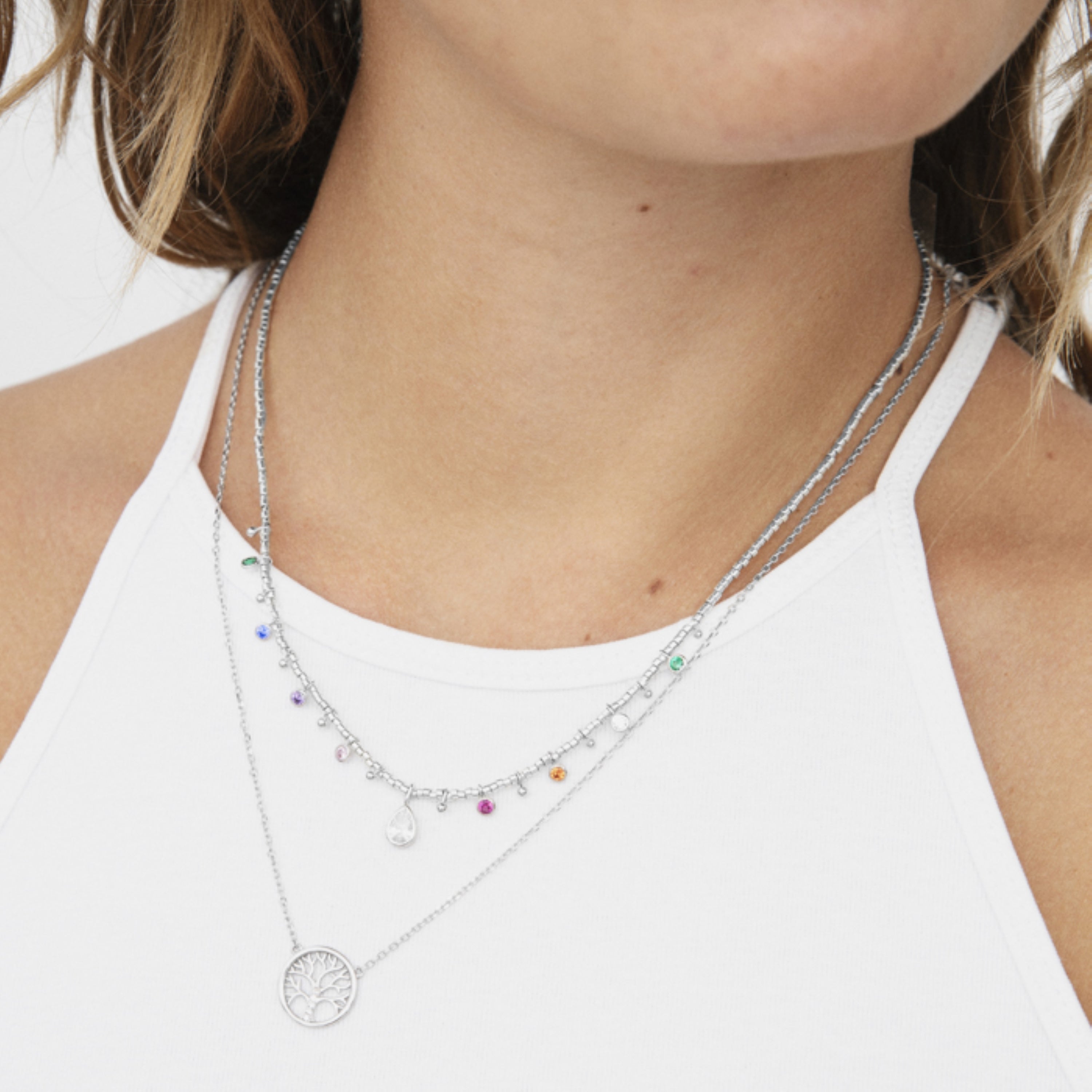 925 Sterling Silver Necklace with Brilliant Zirconia, Rhodium Finish - Tree of Life