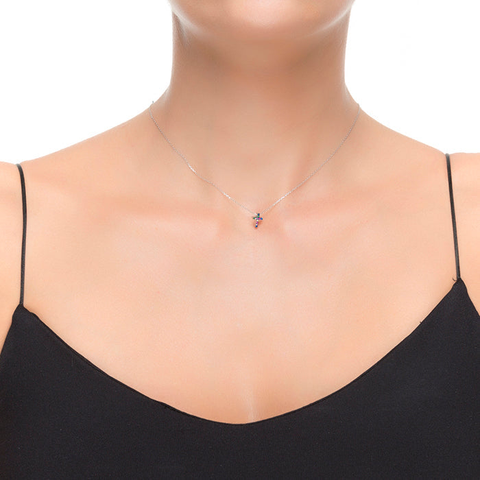 925 Sterling Silver Necklace with Multicolor Zirconia in Rhodium Finish - Sharra