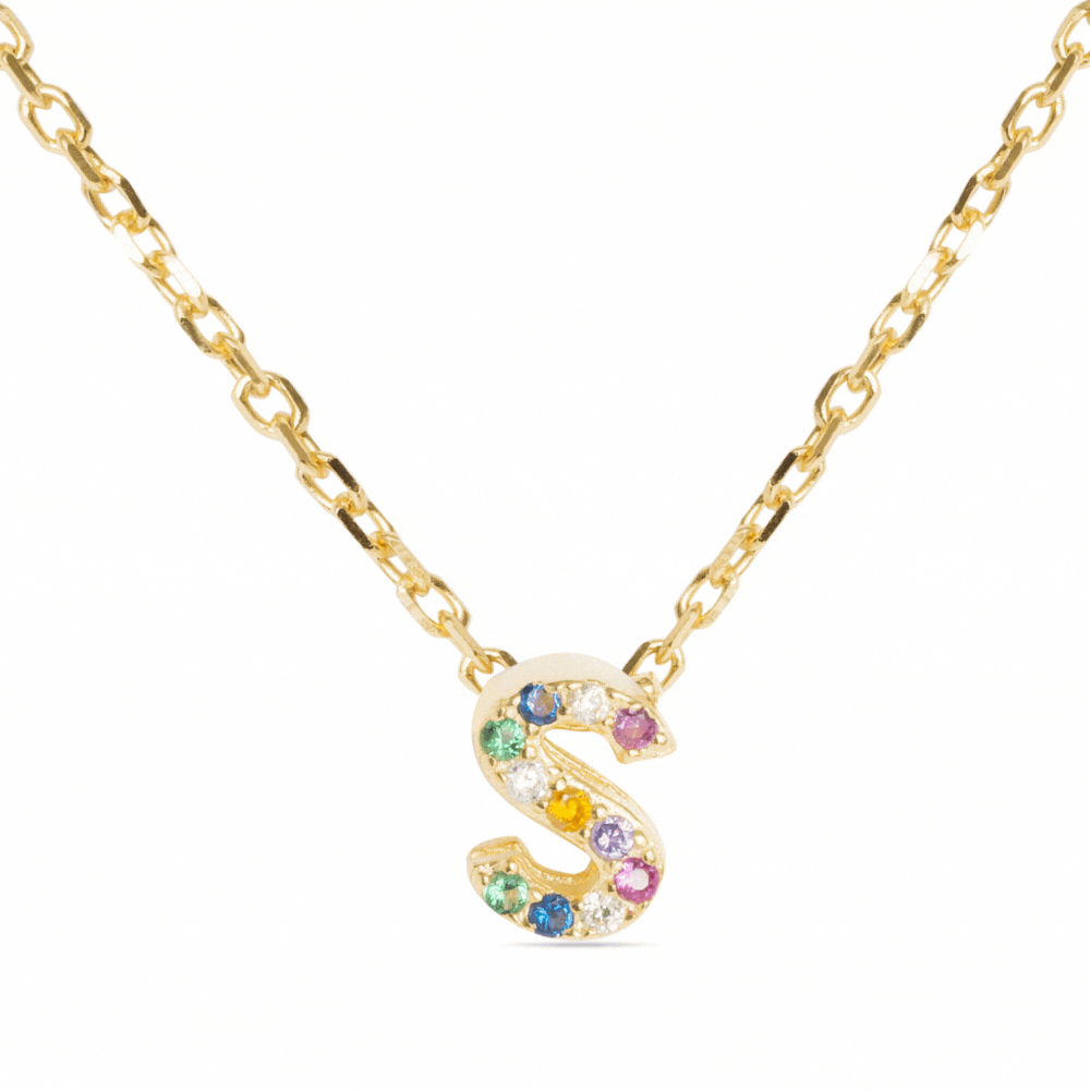 925 Sterling Silver Necklace with Multicolor Zirconia finished in 18K Yellow Gold - Alphabet