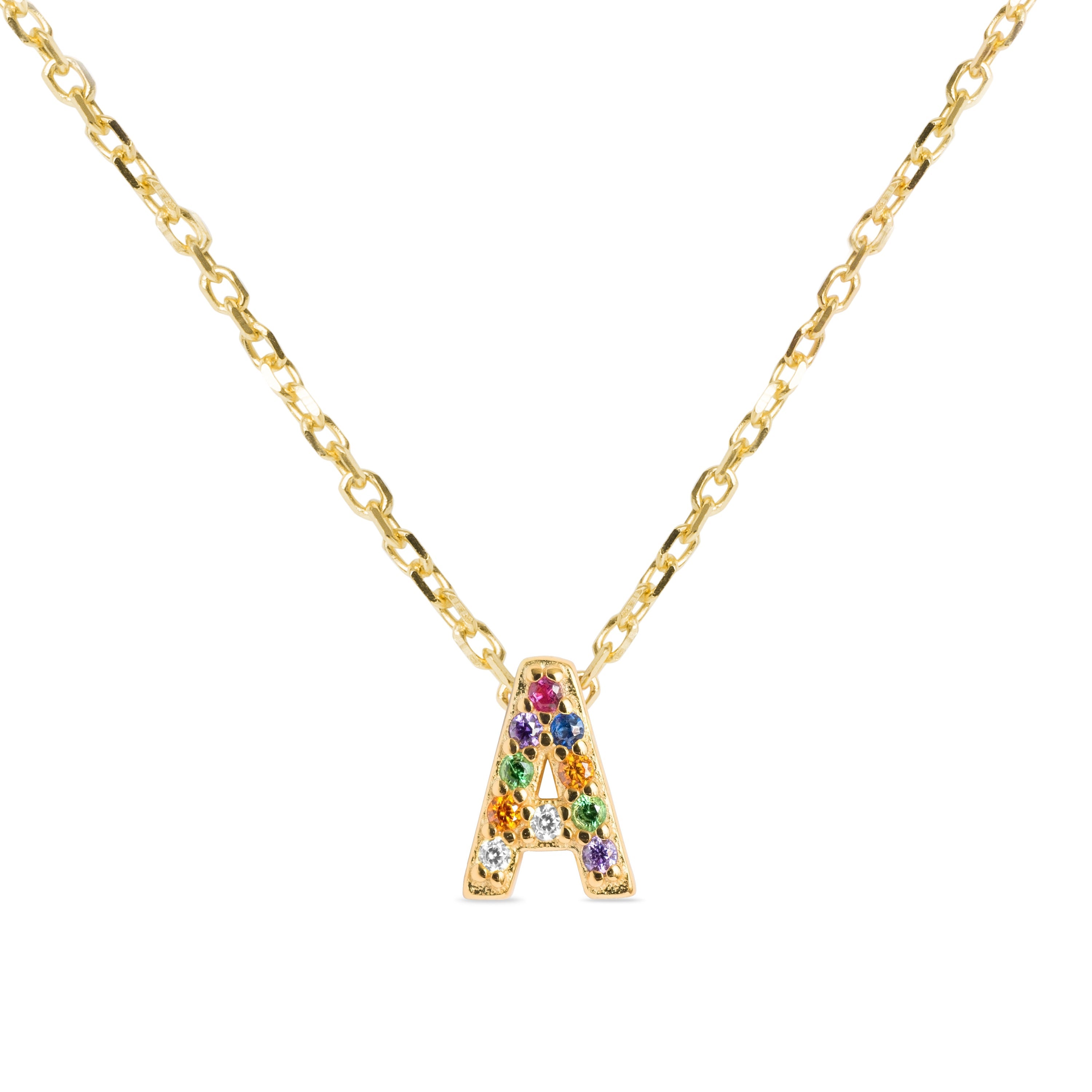 925 Sterling Silver Necklace with Multicolor Zirconia finished in 18K Yellow Gold - Alphabet