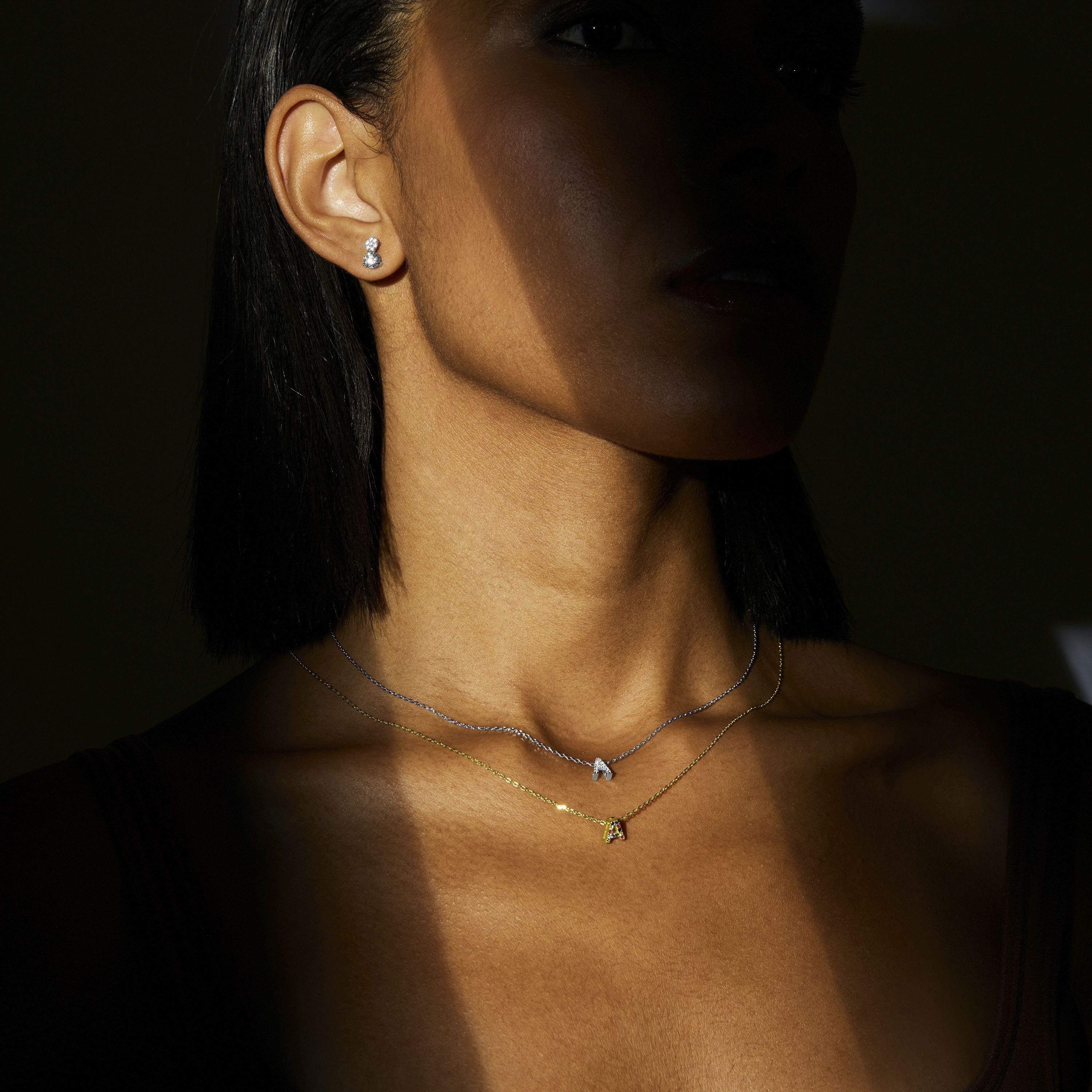 925 Sterling Silver Necklace with Multicolor Zirconia finished in 18K Yellow Gold - Alphabet