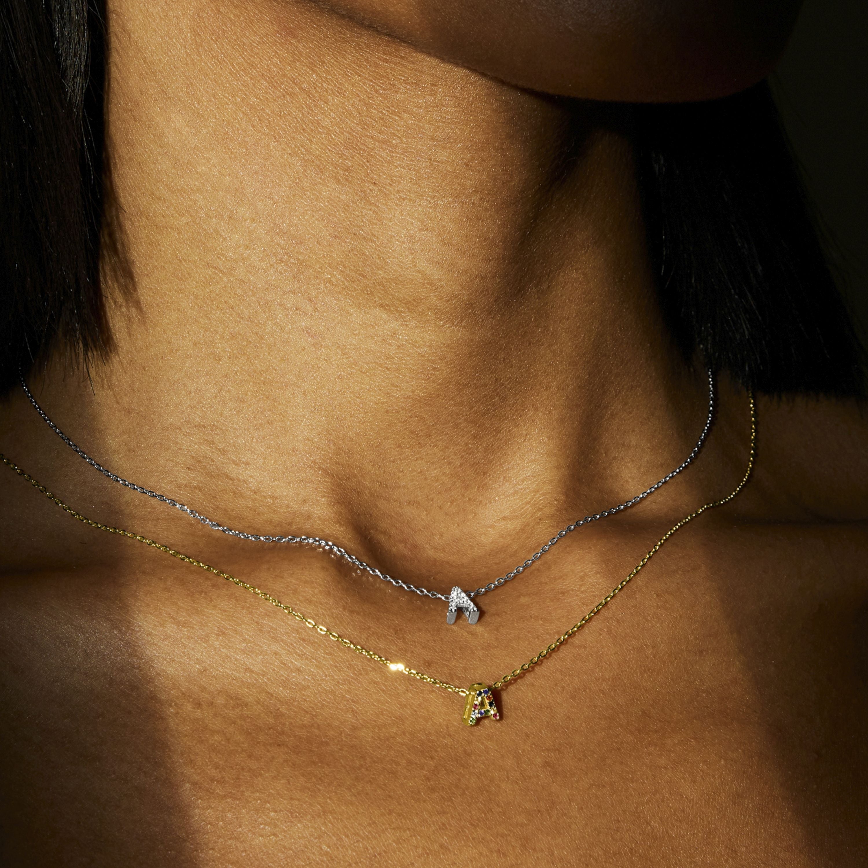 925 Sterling Silver Necklace with Multicolor Zirconia finished in 18K Yellow Gold - Alphabet